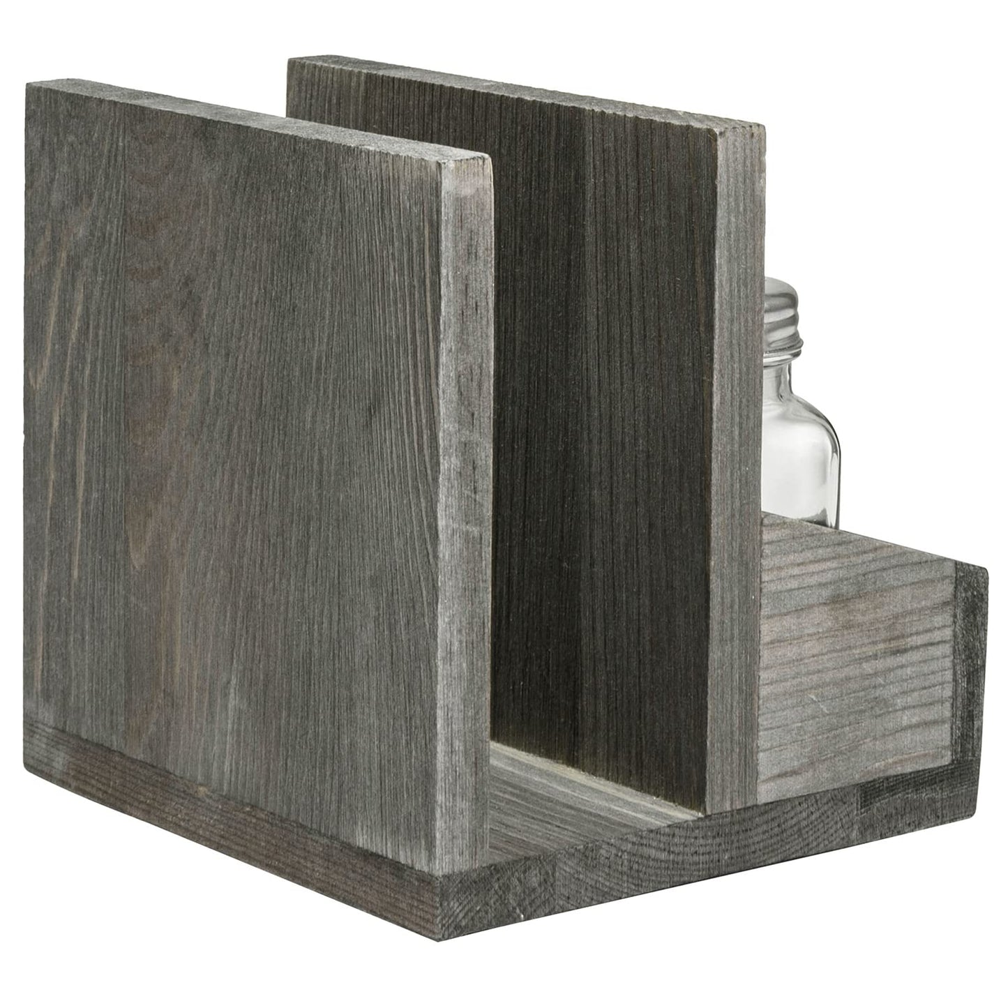 MyGift Napkin Holder with Salt and Pepper Shakers, Vintage Gray Solid Wood Table Napkin Holder, 2 Compartment Salt and Pepper Holder and Condiment Server with White EAT Label