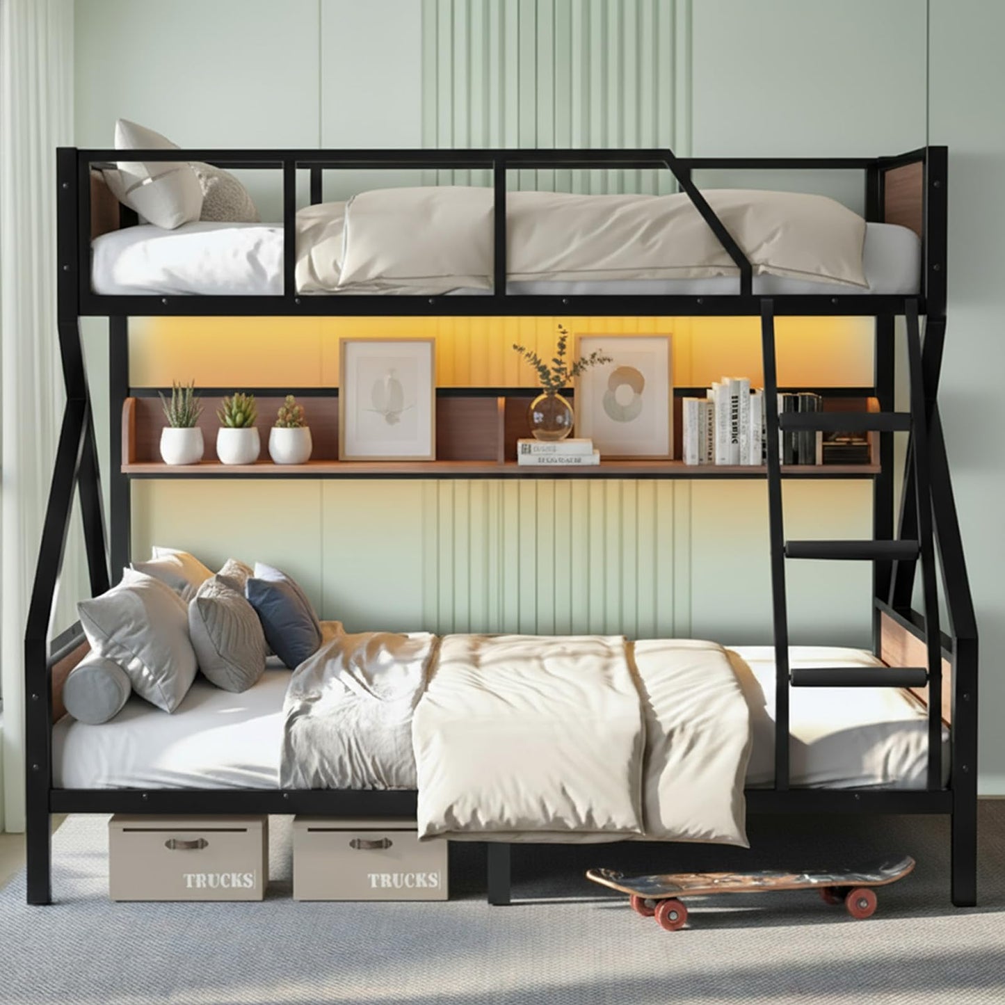 HKOLIE Twin XL Over Queen Bunk Bed with Storage Shelves & LED Lights, Heavy Duty Metal Bunk Bed Frame with Stairs, Noise-Free Design, Space-Saving Bed with Guardrails for Kids, Teens & Adults, Black