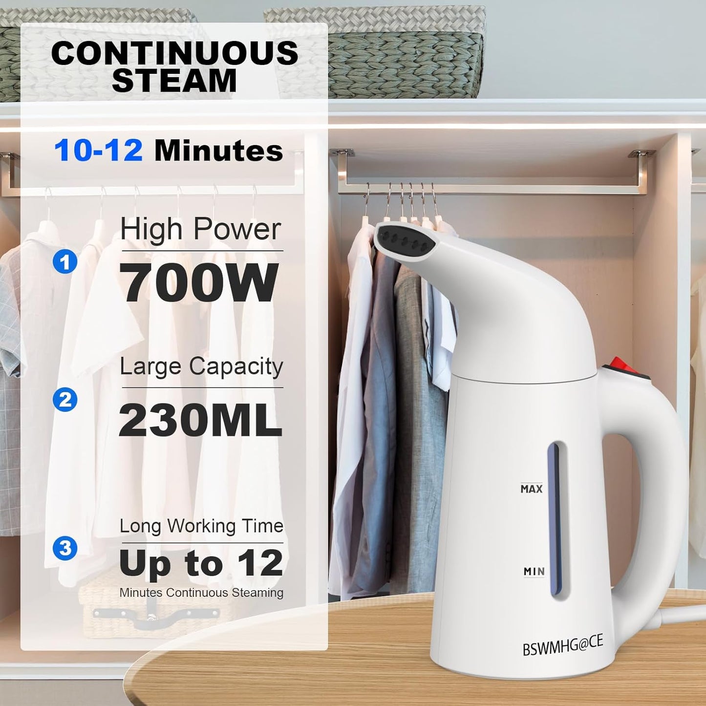 Handheld Garment Steamer for Clothes, Portable Wrinkle Remover, 230ml Capacity, 12 Minutes Continuous Steam, Mini, White