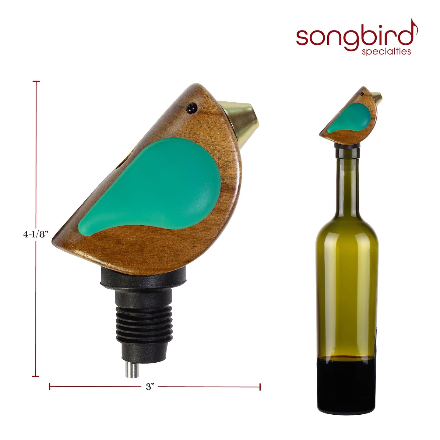 Songbird Specialties Wine Bottle Pourer, Fun Wine Pourer Spout Sings While It Pours, Airtight Wine Bottle Sealer, Acacia Wood with Turquoise Wings