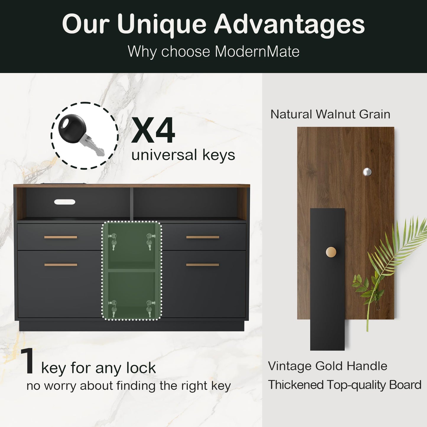 ModernMate 4 Drawer File Cabinet, Wood Filing Cabinet for Home Office with Lock, Power Strip, Storage Shelves, Home Office Lateral File Storage Fits A4/Letter Size, Black Walnut