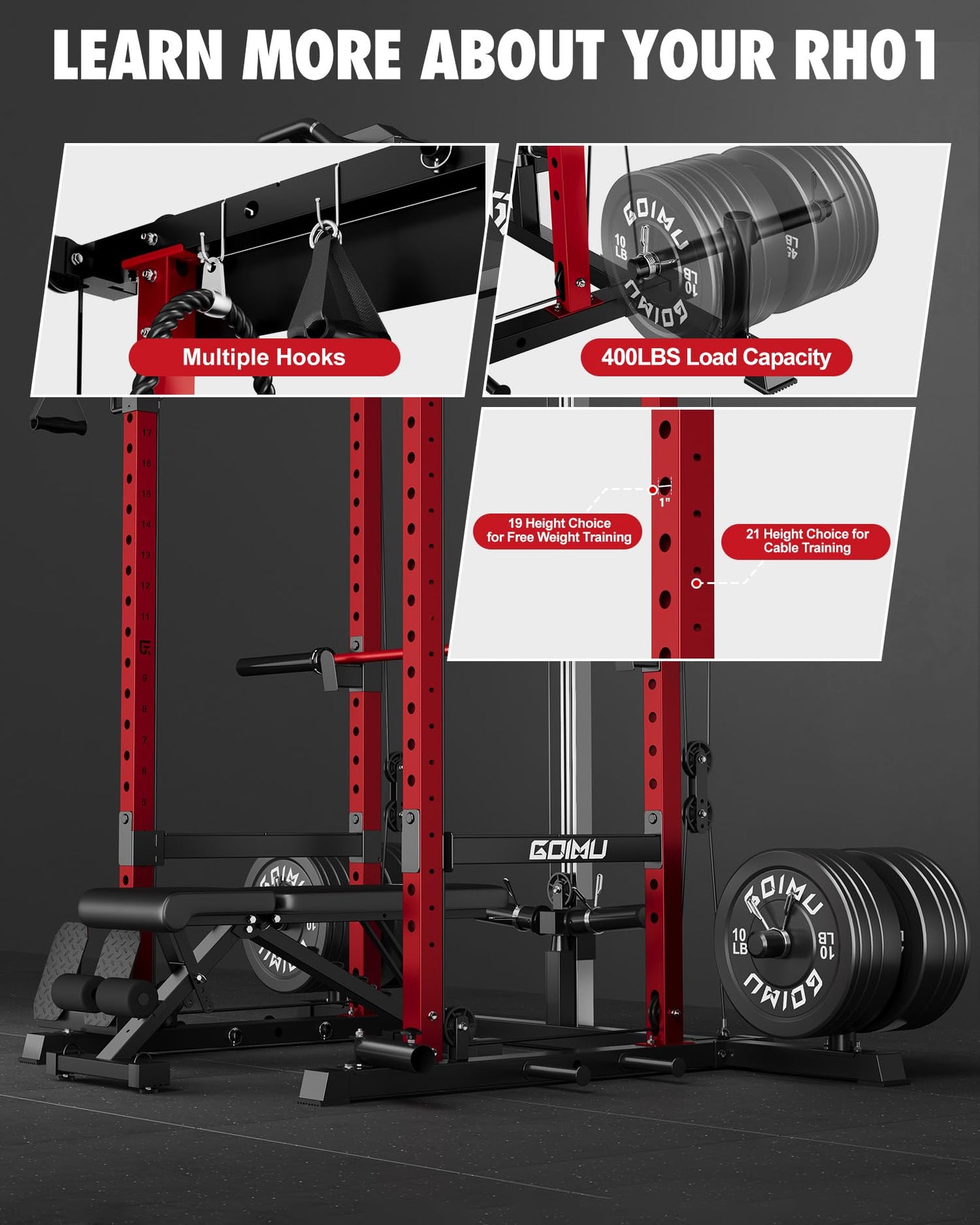 GOIMU RH01 Power Cage Rack, 2000LBS Squat Rack with with Cable Crossover System&LAT Pull Down System, Multi-Function Workout Cage for Home&Garage Gym (Red, RH01 Power Cage)
