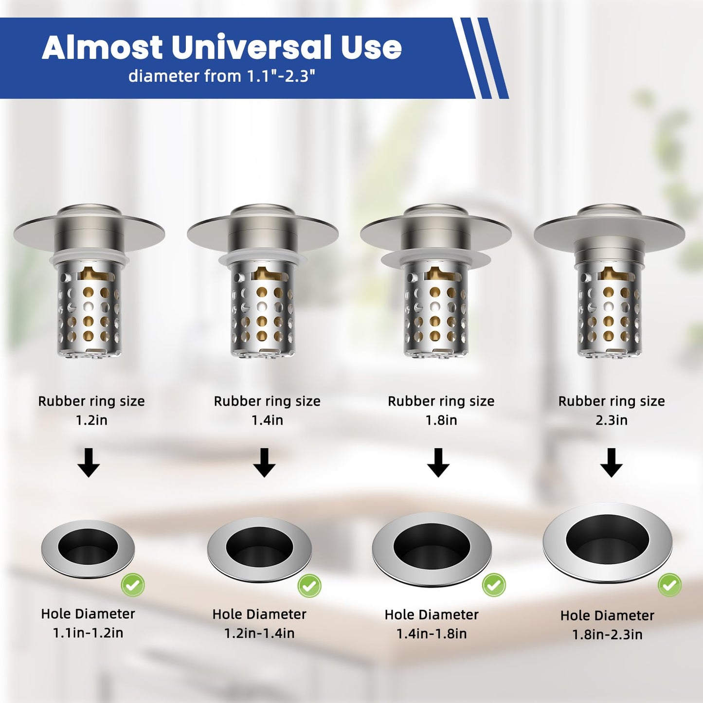 Universal Bathroom Sink Drain Strainer Hair Catcher Upgraded with Removable Stainless Steel Filter Basket, 3 in 1 Pop Up Sink Stopper for 1.1''~2.36'' Sink Basin Hole, Brushed Nickel