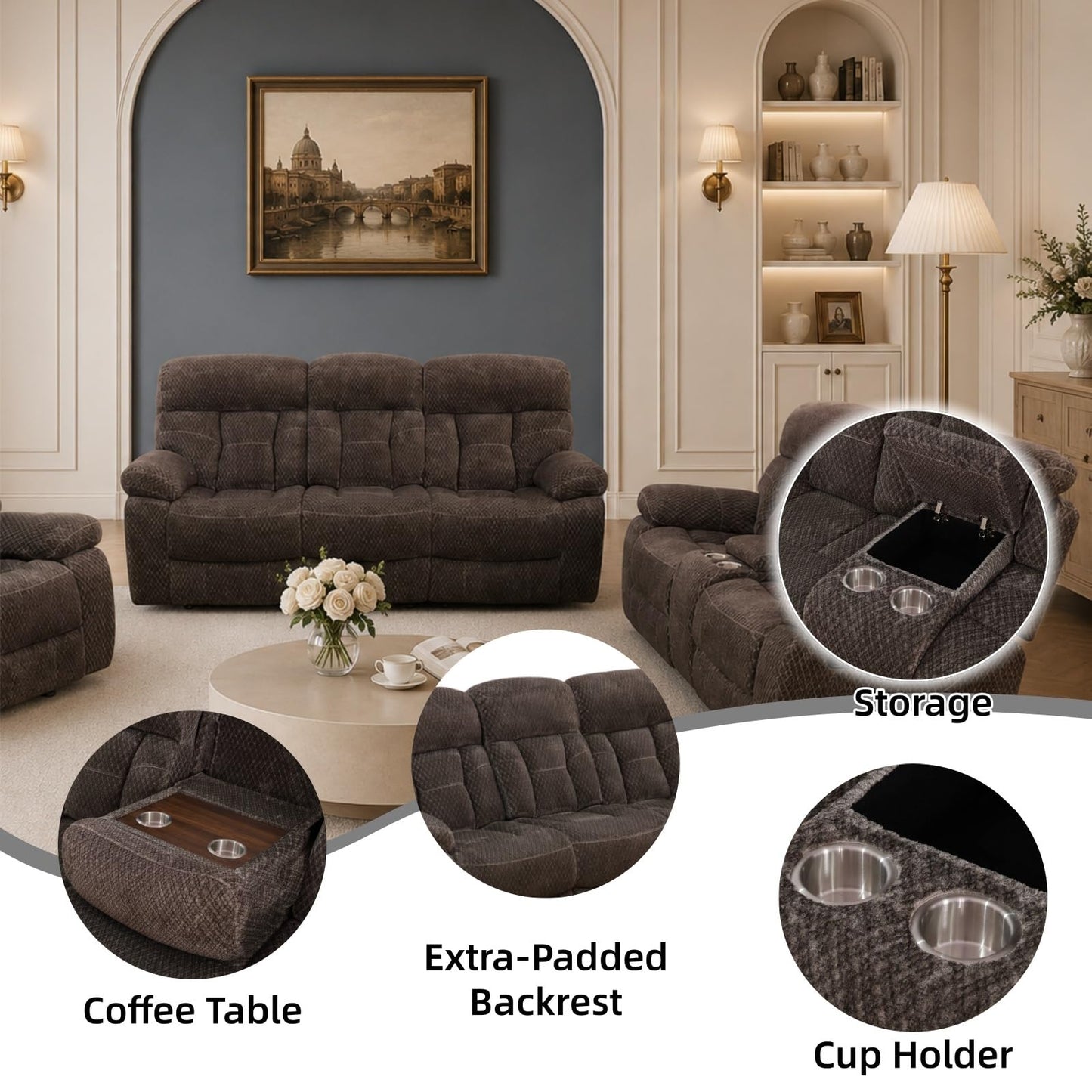 Trygoal Modern Recliner Sofa Set of 3, Cashmere Fleece Upholstered Living Room Set with Cup Holders & Storage, Ergonomic Reclining Couch with Coffee Table, Cozy Home Theater Seating, Brown
