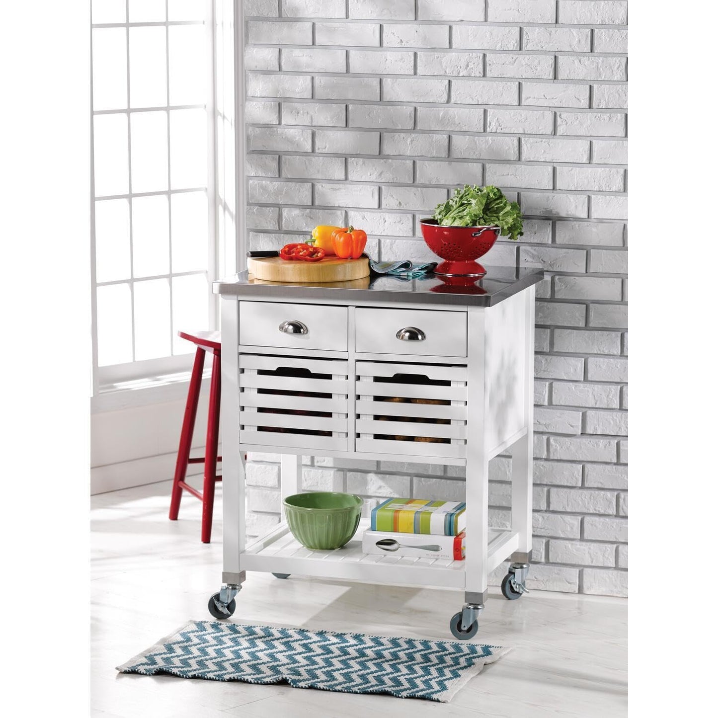 Maykoosh Kitchen Cart with Stainless Steel Top & Drawers - Rolling Utility Island
