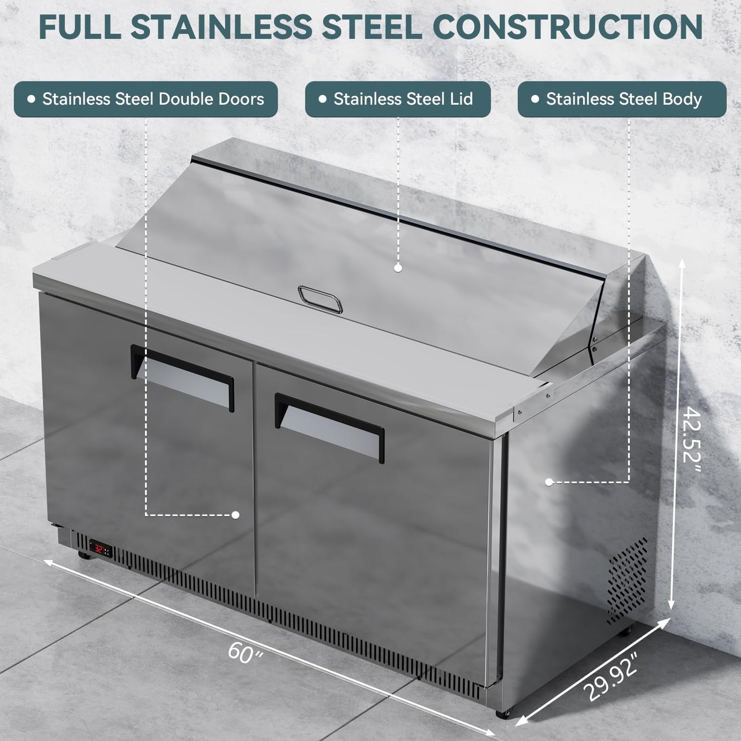 60" Commercial Sandwich & Salad Prep Refrigerator, 16.5 Cu.Ft Prep Table with 16 GN Pans, Stainless Steel Salad Bar Fridge with 60 Inch Cutting Board & Wheels for Restaurant, Catering, Food Truck