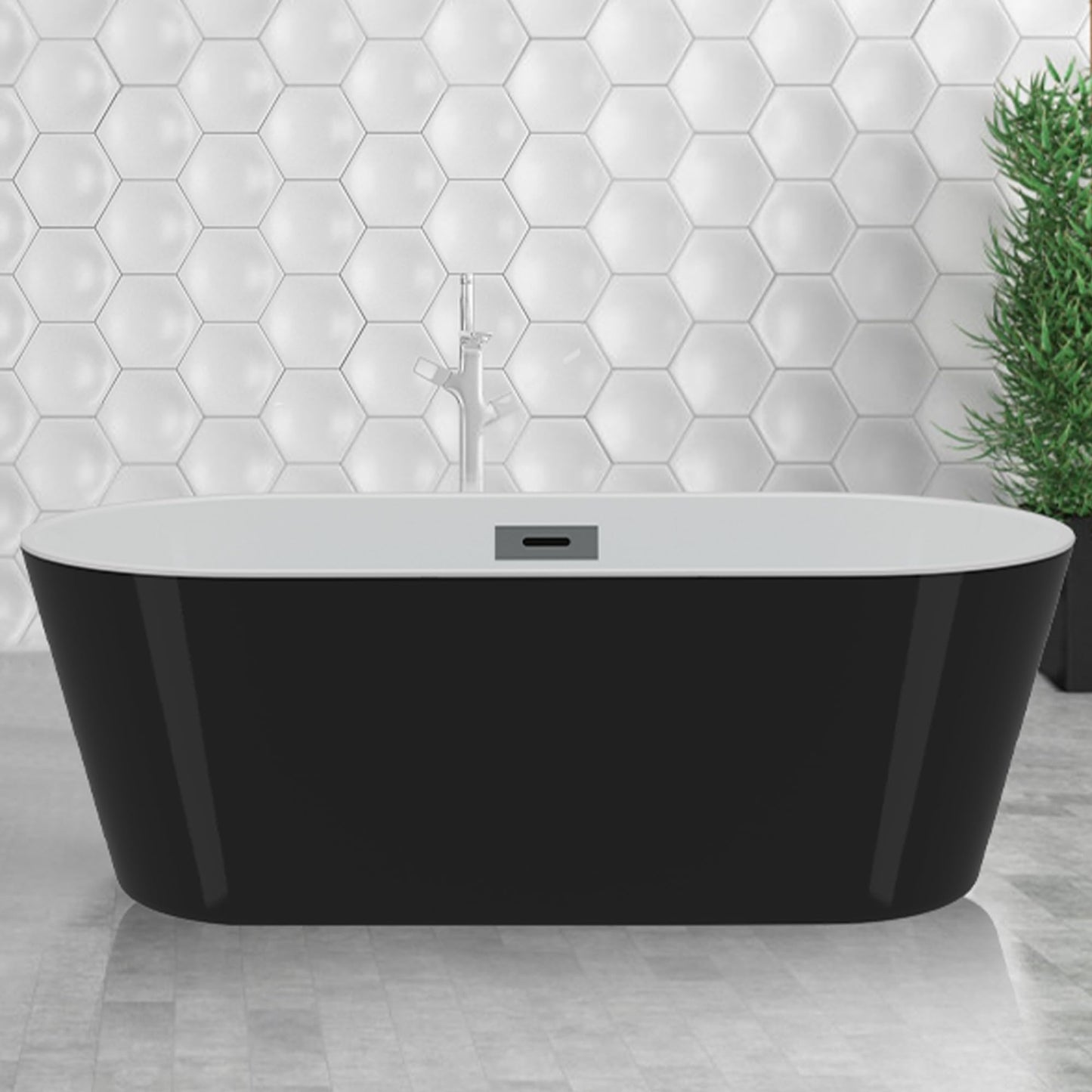 59 Inch Freestanding Bathtub, Acrylic, Deep Soaking Tub with Non-Slip Base, Modern Black Free Standing Tub for Bathrooms, cUPC Certified with Chrome Drain