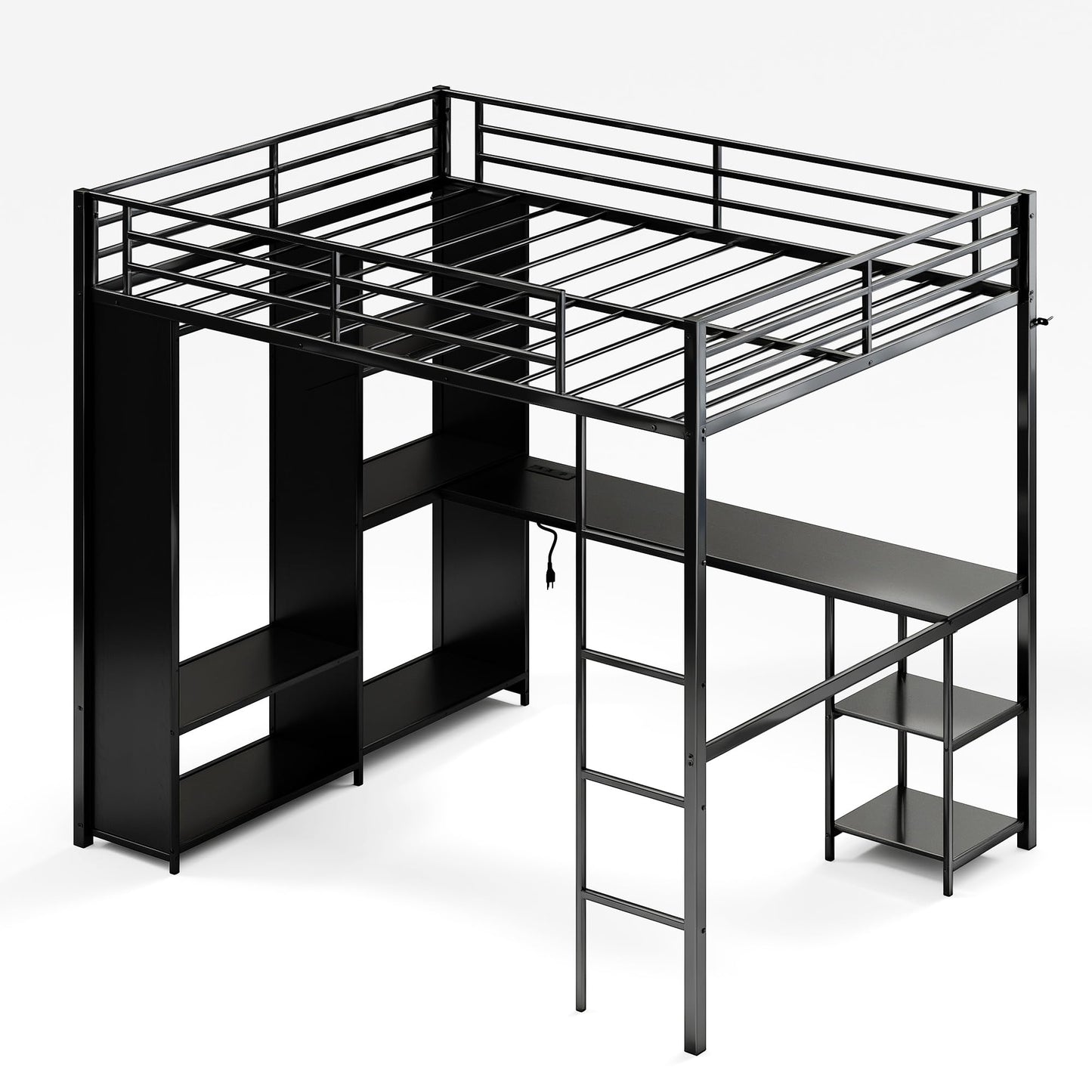 GarveeHome Queen Loft Bed with L-Shaped Desk and Storage Shelves, Queen Size Loft Bed Frame with Wardrobe, Hanging Rod, Guardrail and Ladder, Adults-Loft Beds Nosie-Free