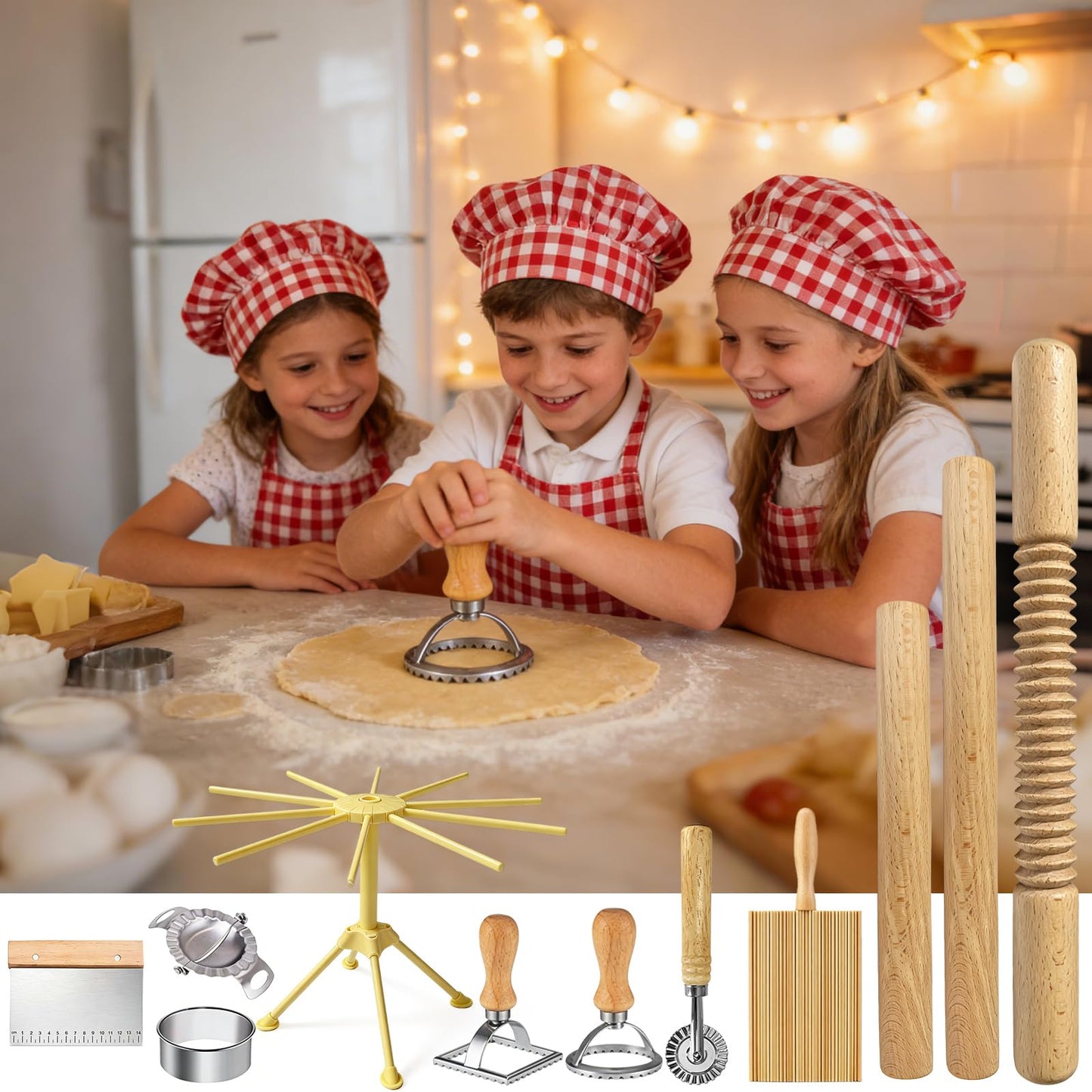 11 Pcs Pasta Making Tools-3 Size Rolling Pins,2 Dumpling Molds,Dumpling Marker,Square and Round Pasta Stamp,Dough Cutter,Pasta Drying Rack,Gnocchi Board,Pasta Making Kit Accessories for Home