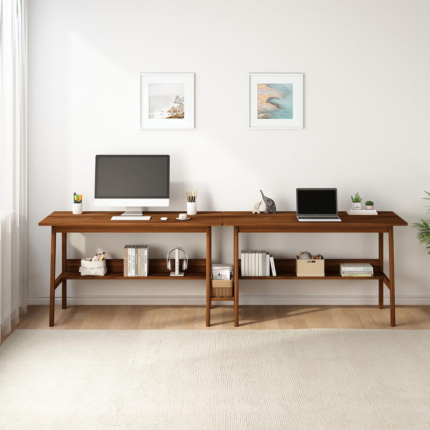 NELYE 2-Person Writing Desk with Bookshelf - 94" Wooden Extra Long Home Office Work Table, Double Study Computer Workstation with Storage Shelves in Walnut, 94" W x 24" D