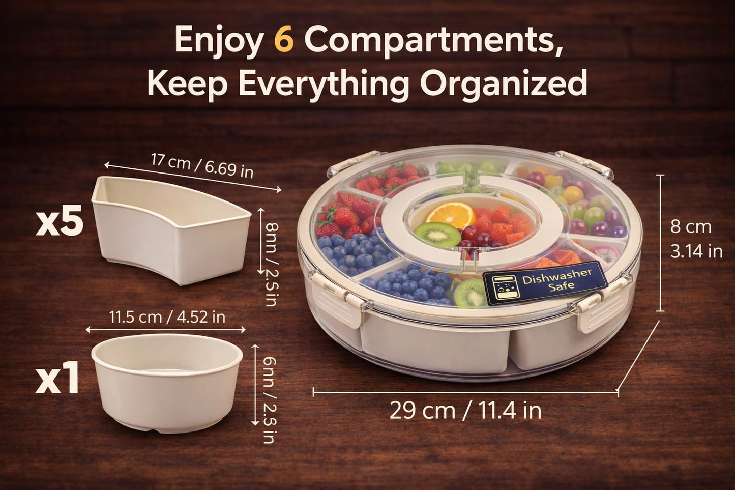 Divided Serving Tray with Lid - Snack Tray - Snack Box - Portable Snackle Box Organizer for Fruit, Salad, Chips & Dip - Lazy Susan Platter with Handle for Parties, Road Trips, Kids & Charcuterie