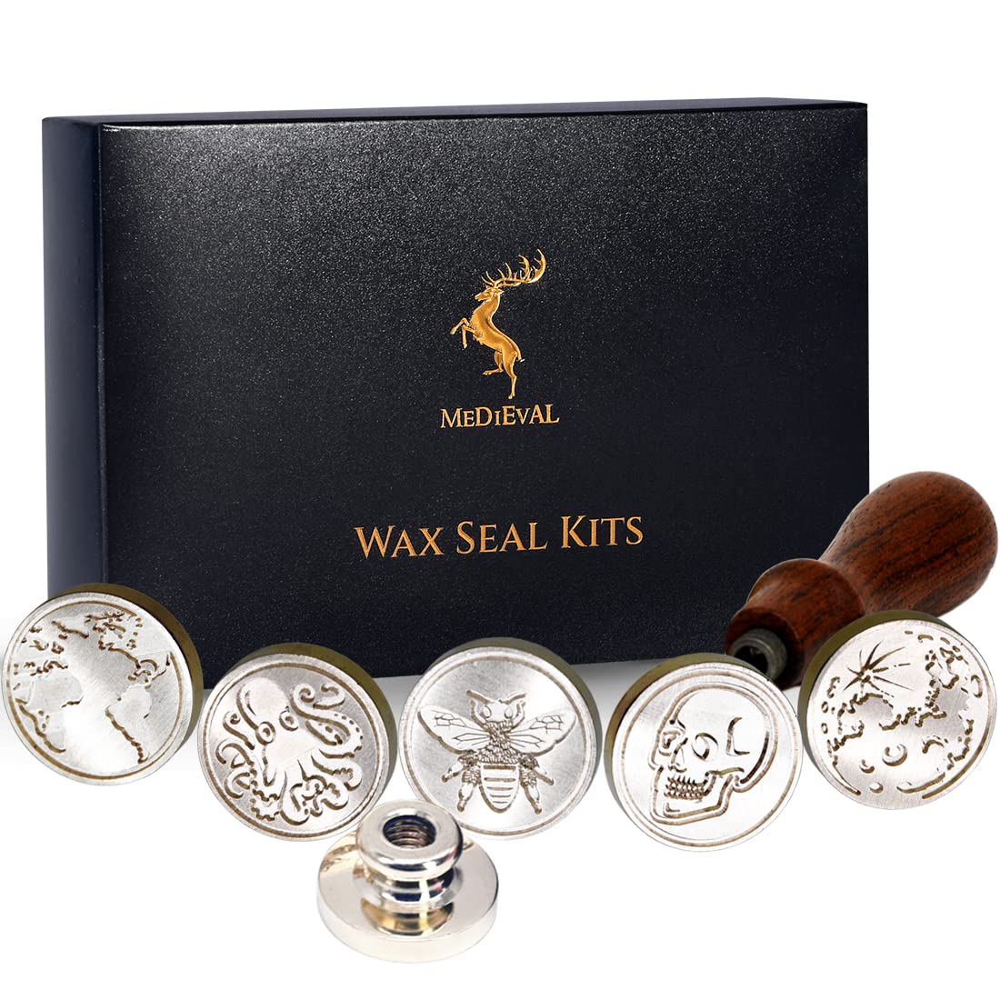 Wax Seal Stamp Kit, Set of 6 Sealing Wax Stamp with Brass Head Wooden Handle (Moon & Sun World Map Dinosaur Skeleton Bumblebee Octopus Design)