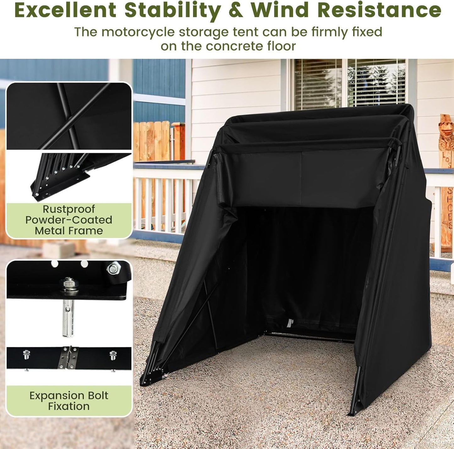 ERGOMASTER Motorcycle Shed, 136" x 54" x 75" Heavy Duty Waterproof Motorcycle Garage with 600D Oxford Fabric, Roll-up Mesh Windows Shed