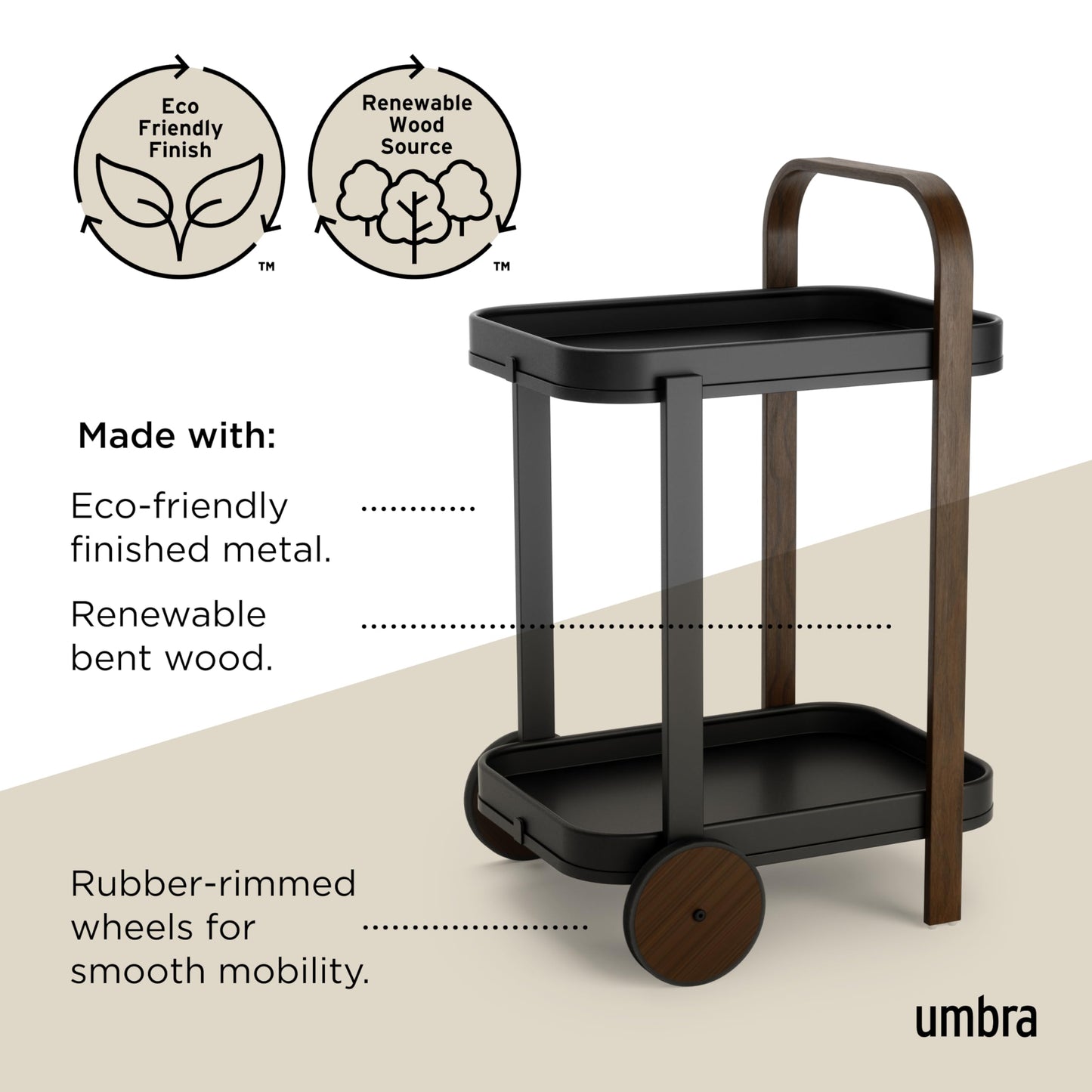 Umbra Bellwood Bar Cart, Serving Trolley, Side Table, Walnut/Black