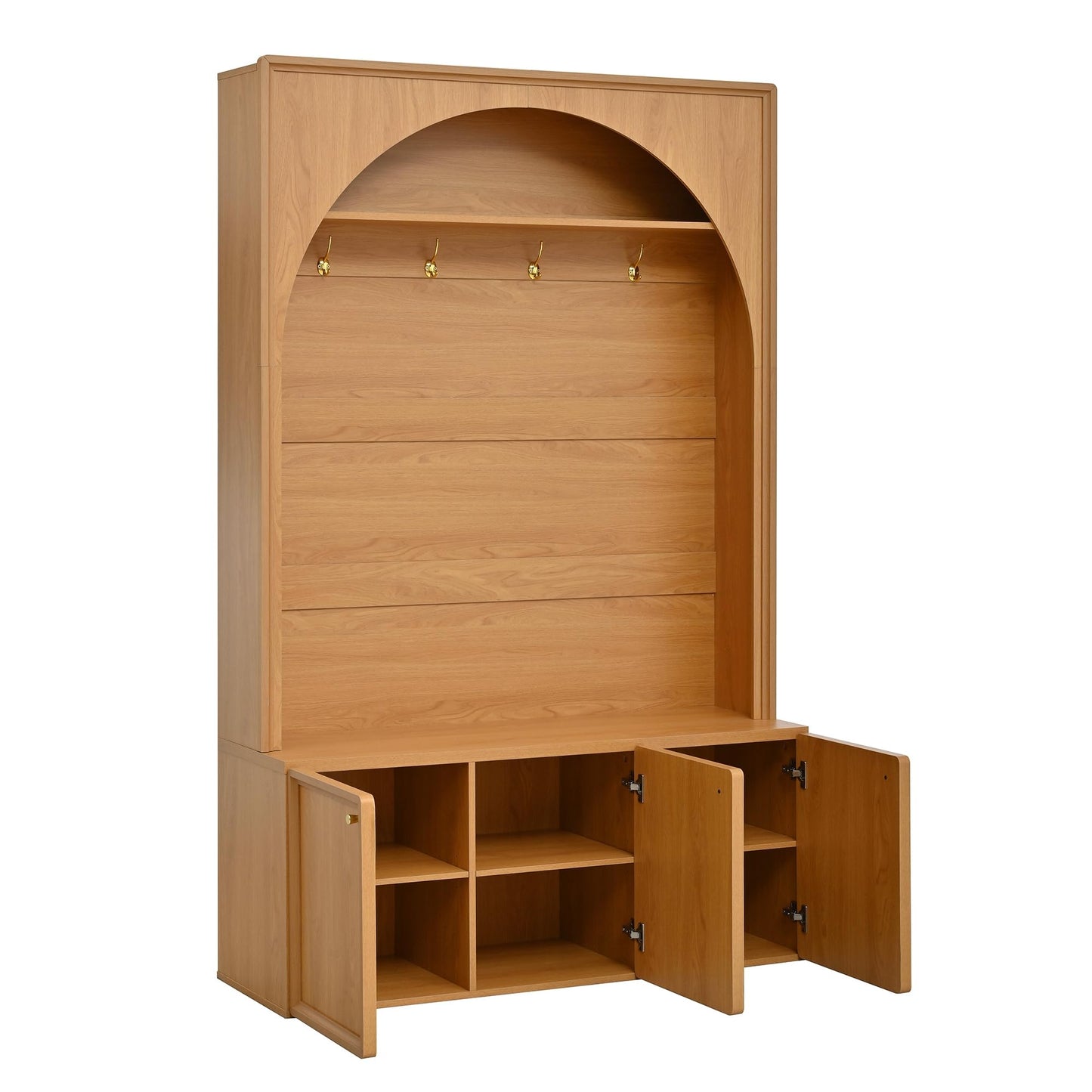 Ball & Cast Farmhouse Hall Tree with Storage Bench, 48.7" Arched Entryway Coat Rack Organizer with 4 Metal Hooks, 3 Cabinets, Adjustable Shelves, Wooden Mudroom Bench for Hallway, Natural