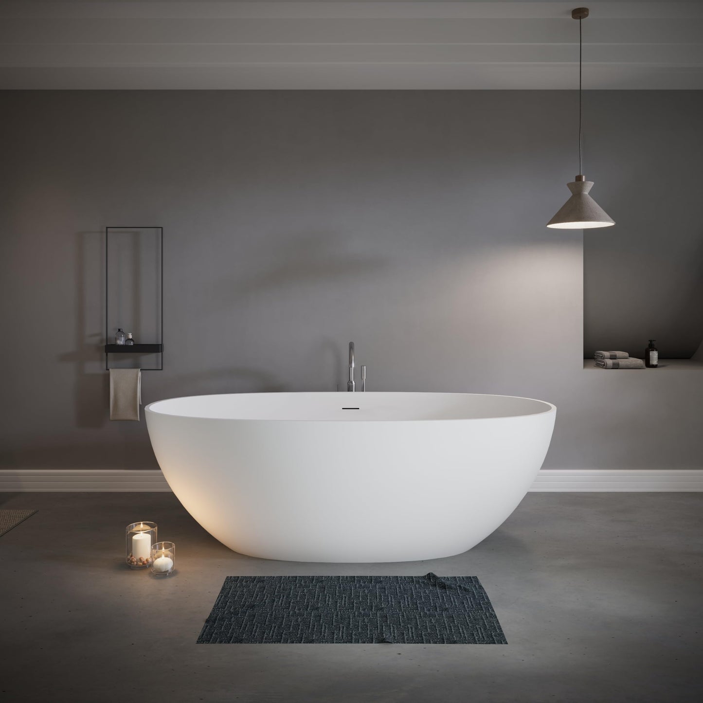 GDFStudio 65" Freestanding Solid Surface Bathtub, Handcrafted Stone Resin Soaking Tub with Overflow and Pop-up Drain, Matte White Luxury Bathtub, Ergonomic Design, 57.6-Gallon Capacity