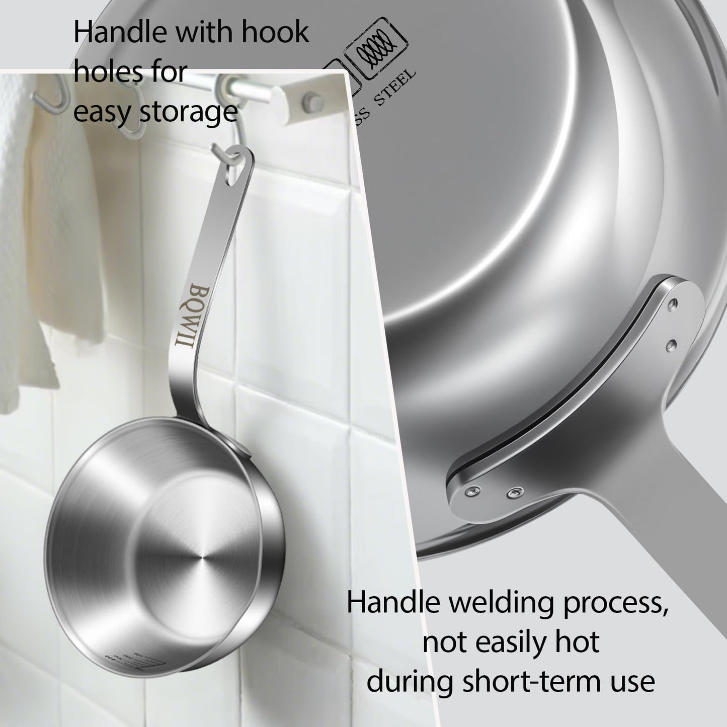 BQWII 18/10 Stainless Steel Butter Warmer, 13.5 fl oz (400ml), Ideal for Heating Milk, Butter, Sauces, Baby Food, Coffee, Chocolate, Egg Pan, Compatible with Induction & Gas Stovetops