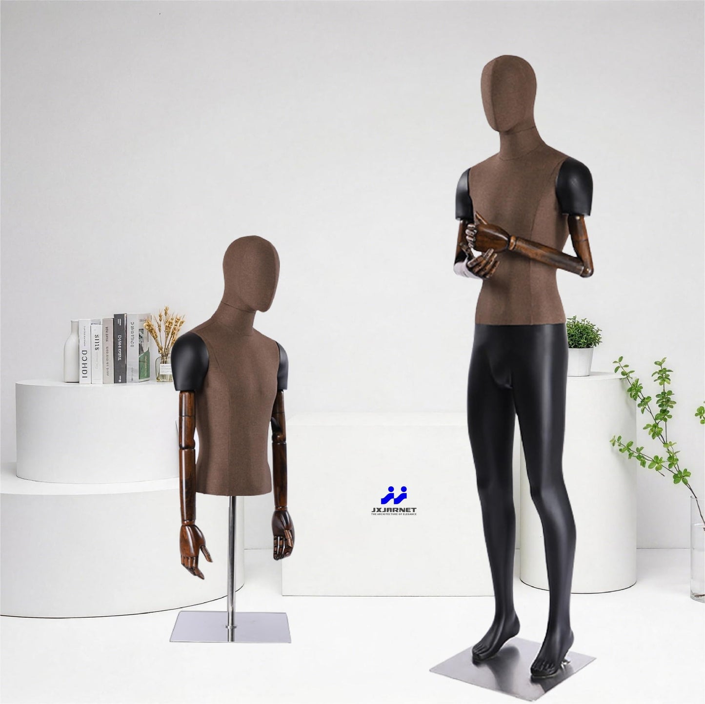 Male Mannequin with Articulated Wood Arms, Premium Fiberglass Dress Form with Linen Torso, Heavy Duty Stainless Steel Base, Flexible Display Dummy for Retail Store & Tailoring(Brown,Straight Leg)