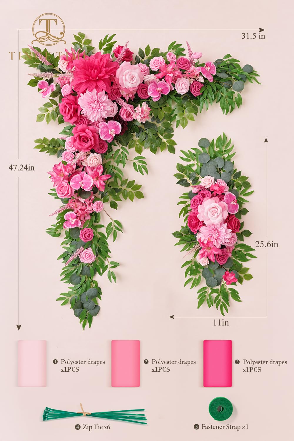 TINGE TIME Wedding Arch Flowers Kit - Deluxe 5pcs Artificial Floral Swag with 3 Sheer Drapes, Realistic Silk Flower Arrangements for Wedding Ceremony Arbor Backdrop Reception Party Home Decor