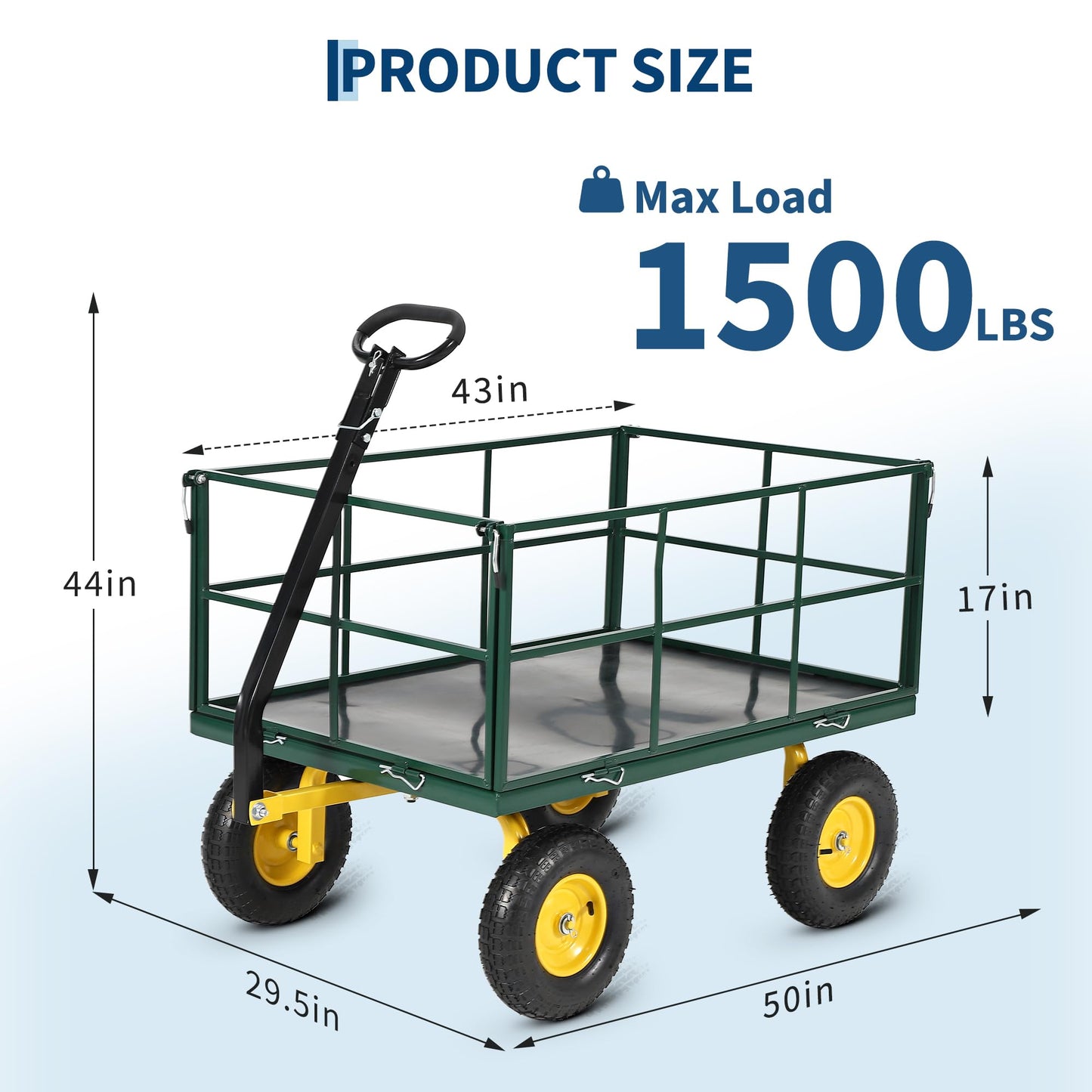 Heavy Duty 1500 Lbs Mesh Steel Garden Cart, Folding Utility Wagon with Removable Sides & All-Terrain Wheels, 3-in-1 ATV Trailer for Garden, Lawn and Farm Hauling