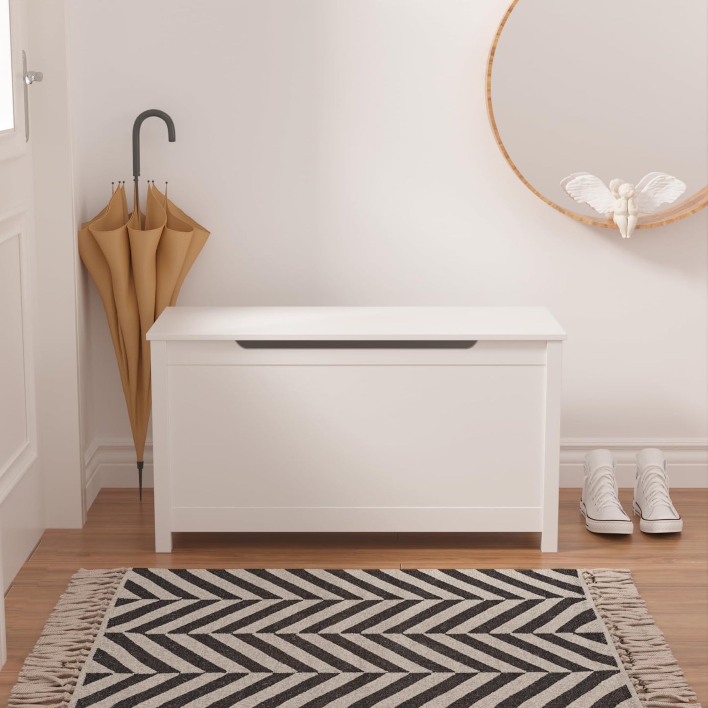 AOPNOMU Toy Box Storage Chest for Children, Kids Wooden Storage Organizer with Safety Hinged Lid Entryway Storage Bench Supports 210 lb Large Toys Storage Bin for Ages 3+, White