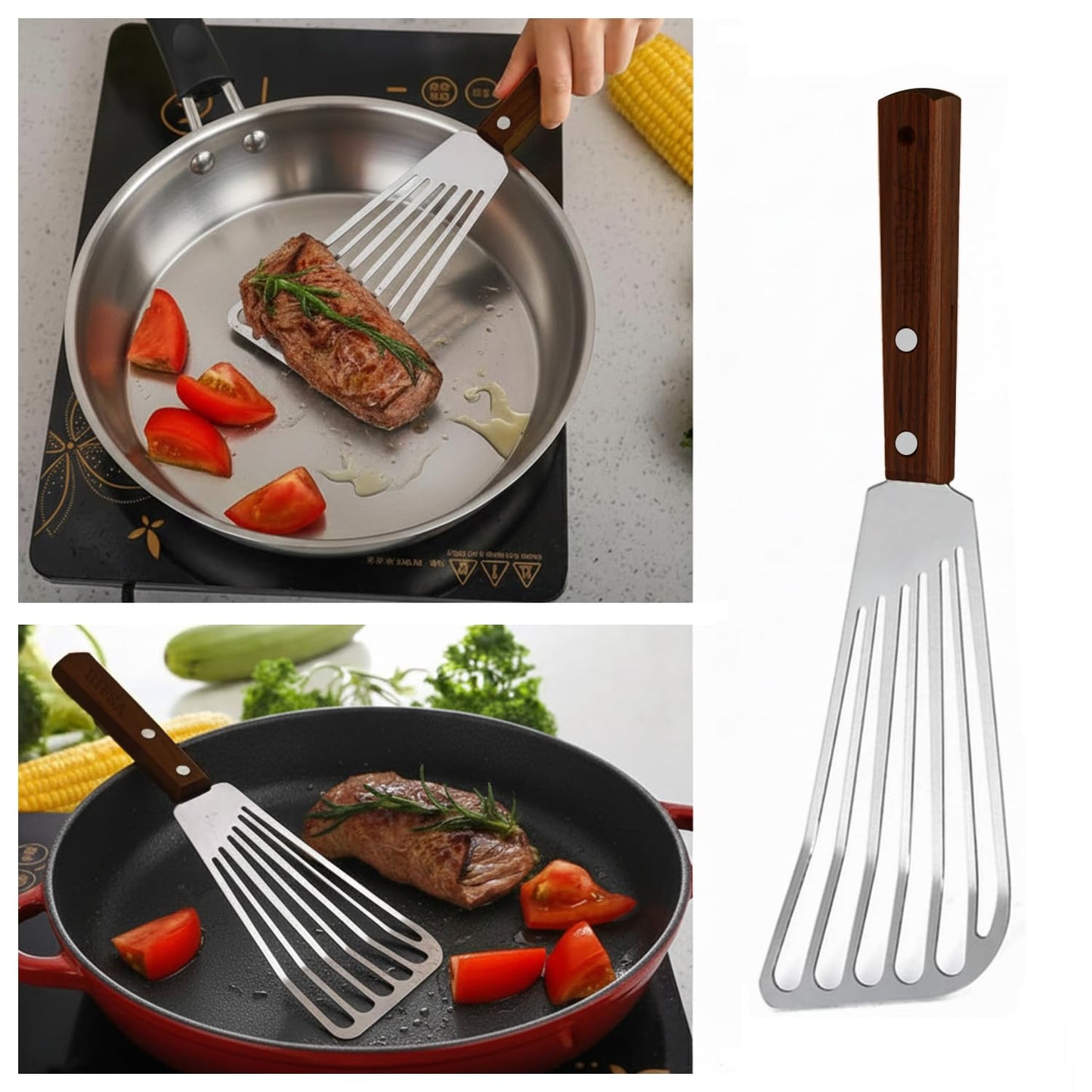 Fish Spatula Stainless Steel Pack of 2 | Slotted Fish Turners for Nonstick Cookware Elegant Silver Blade with Natural Walnut Wooden Handle, 11” Flexible Spatula for Home & Professional Cooking