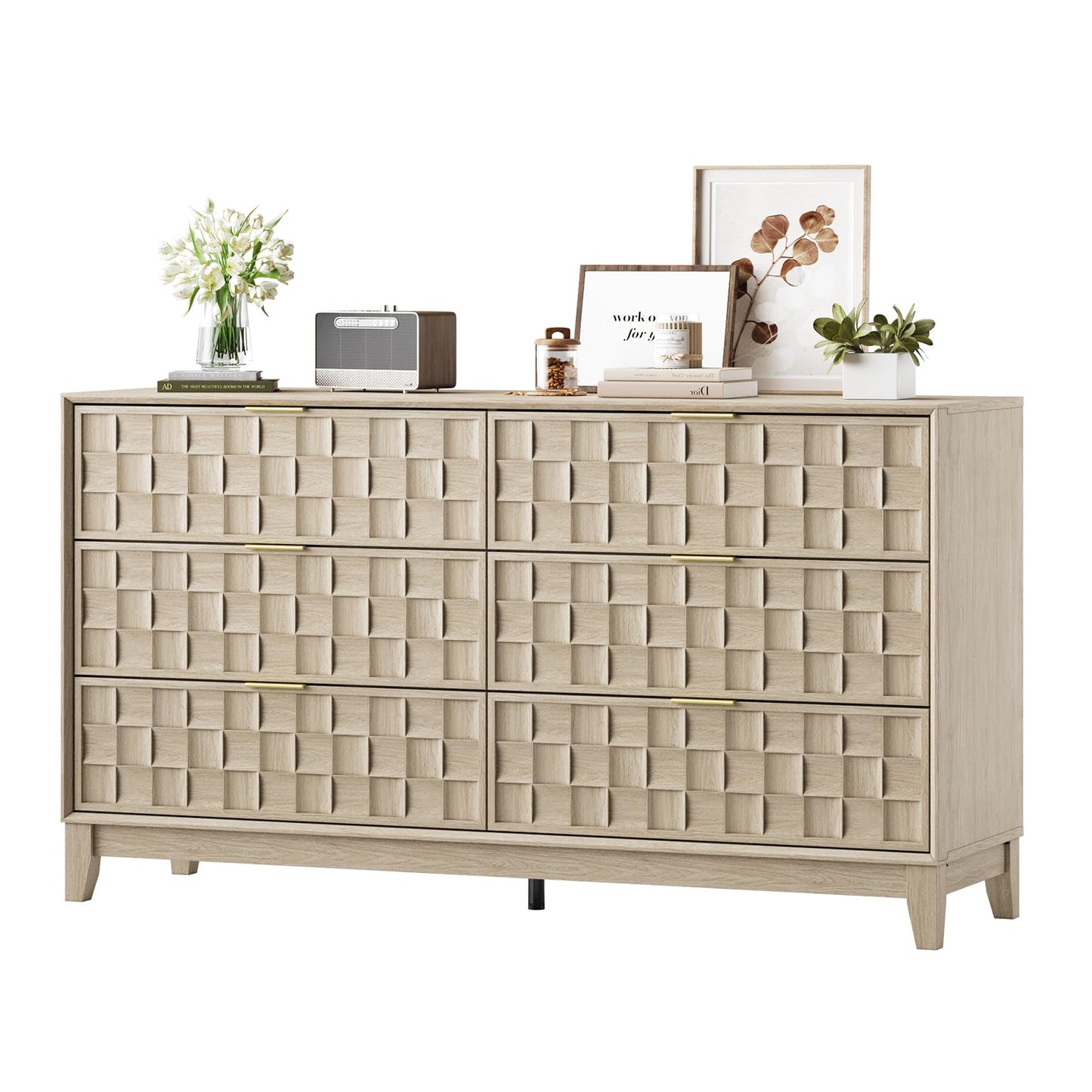 COLAMY Fluted Dresser, Modern Wooden 6 Drawer Dresser 55”, Side Board Buffet Storage Cabinet, Accent Cabinet with Metal Handles for Bedroom, Entryway, Hallway, Oak