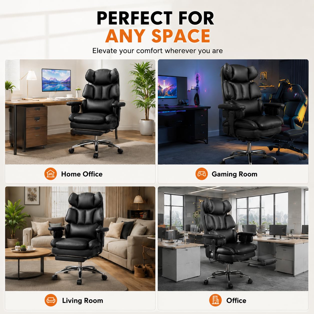 Big and Tall Ergonomic Office Chair with Footrest, Executive High Back PU Leather Desk Chair, Reclining Computer Chair with Adjustable Lumbar Support and Armrests, Swivel Rolling Gaming Chair, Black