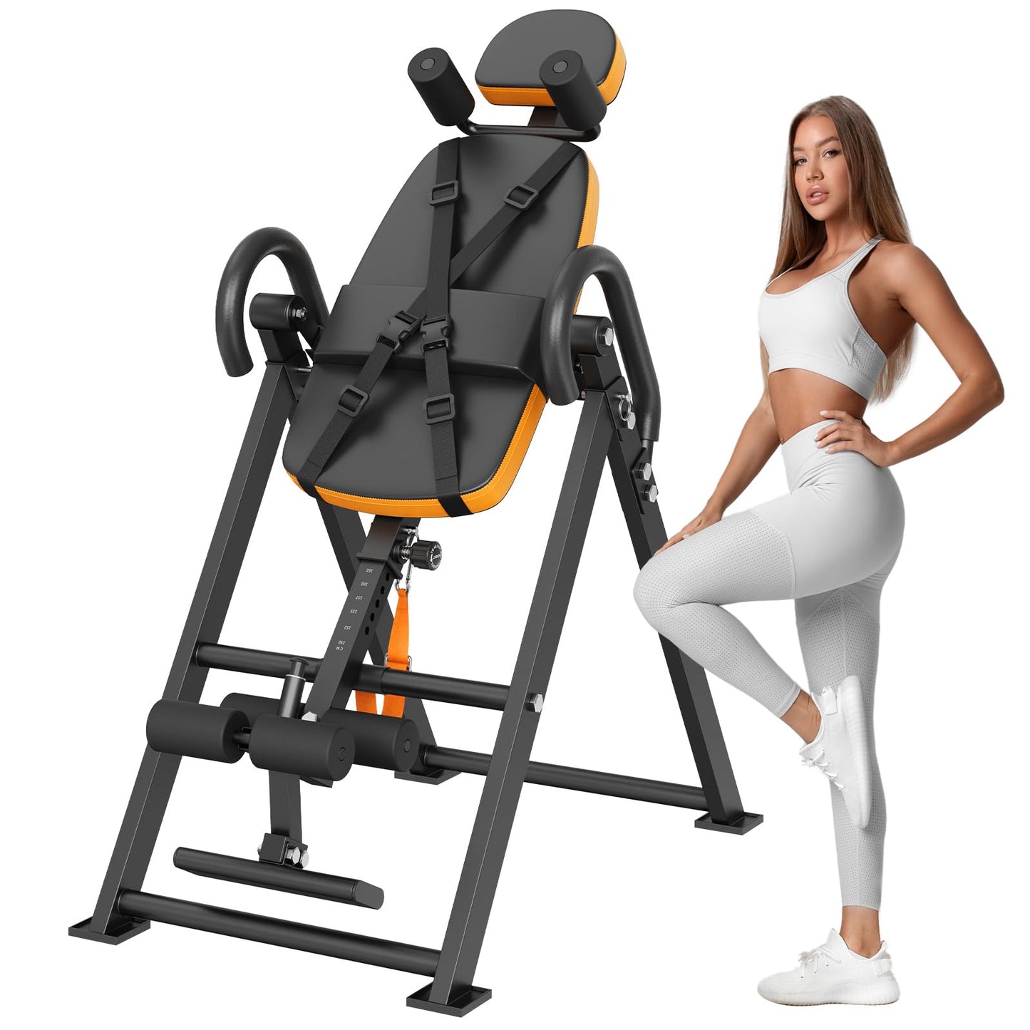 Happybuy Inversion Table, 300lbs Capacity Heavy Duty Decompression Back Stretcher, Strength Training Equipment with Headrest, Ankle Lock & Adjustable Protective Belt, Orange/Black