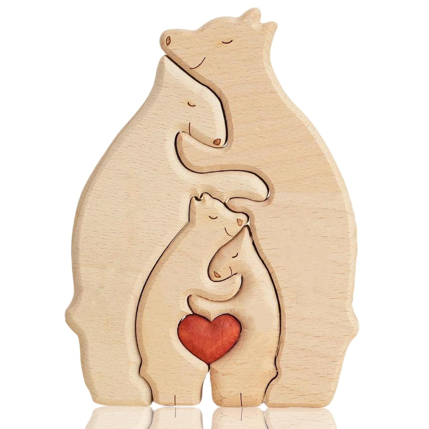 Kutiayta Beechwood Bear Family Heart Décor, Hand-Sanded Wood Sculpture with Seamless Fit, Minimalist Home Ornament for Living Room & Nursery, 4.7" × 5.9" × 0.89" (4)
