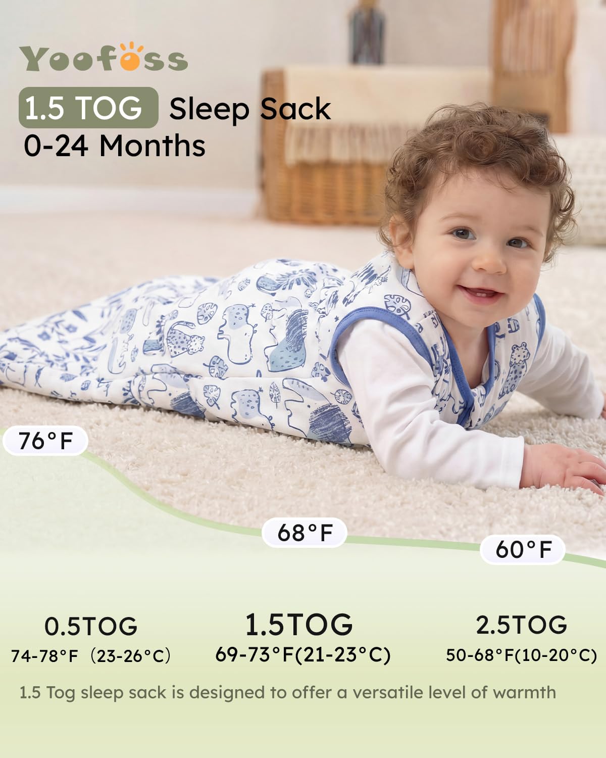 Yoofoss Baby Sleep Sack - 1.5 Tog Wearable Blanket for 12-18 Months | 100% Organic Cotton, Warm & Comfy