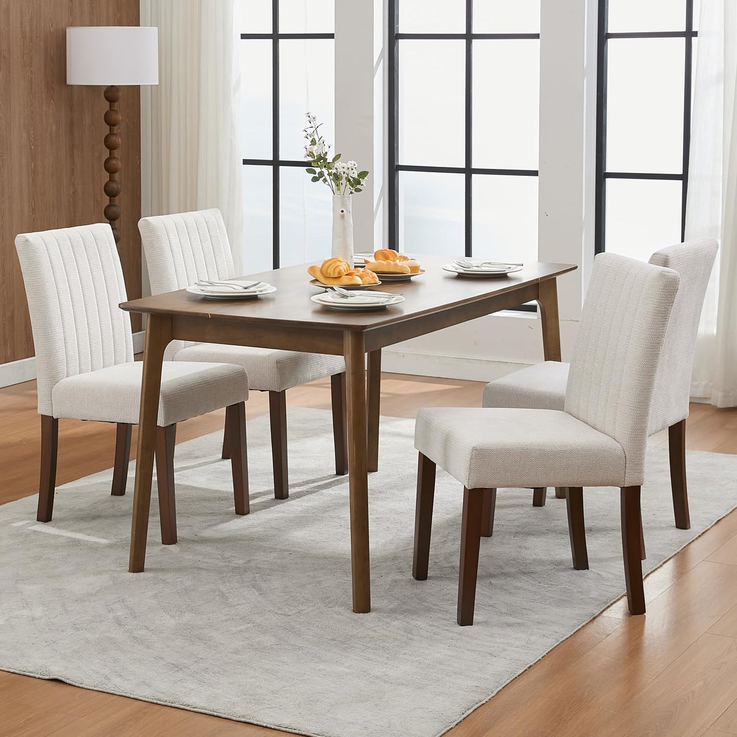 IDEALHOUSE Dining Chairs Set of 6, Farmhouse Tufted Parsons Chairs Stylish Kitchen Chairs Upholstered Fabric Kitchen Chairs with Wood Legs and Padded Seat, for Dining Room, Living Room, Beige
