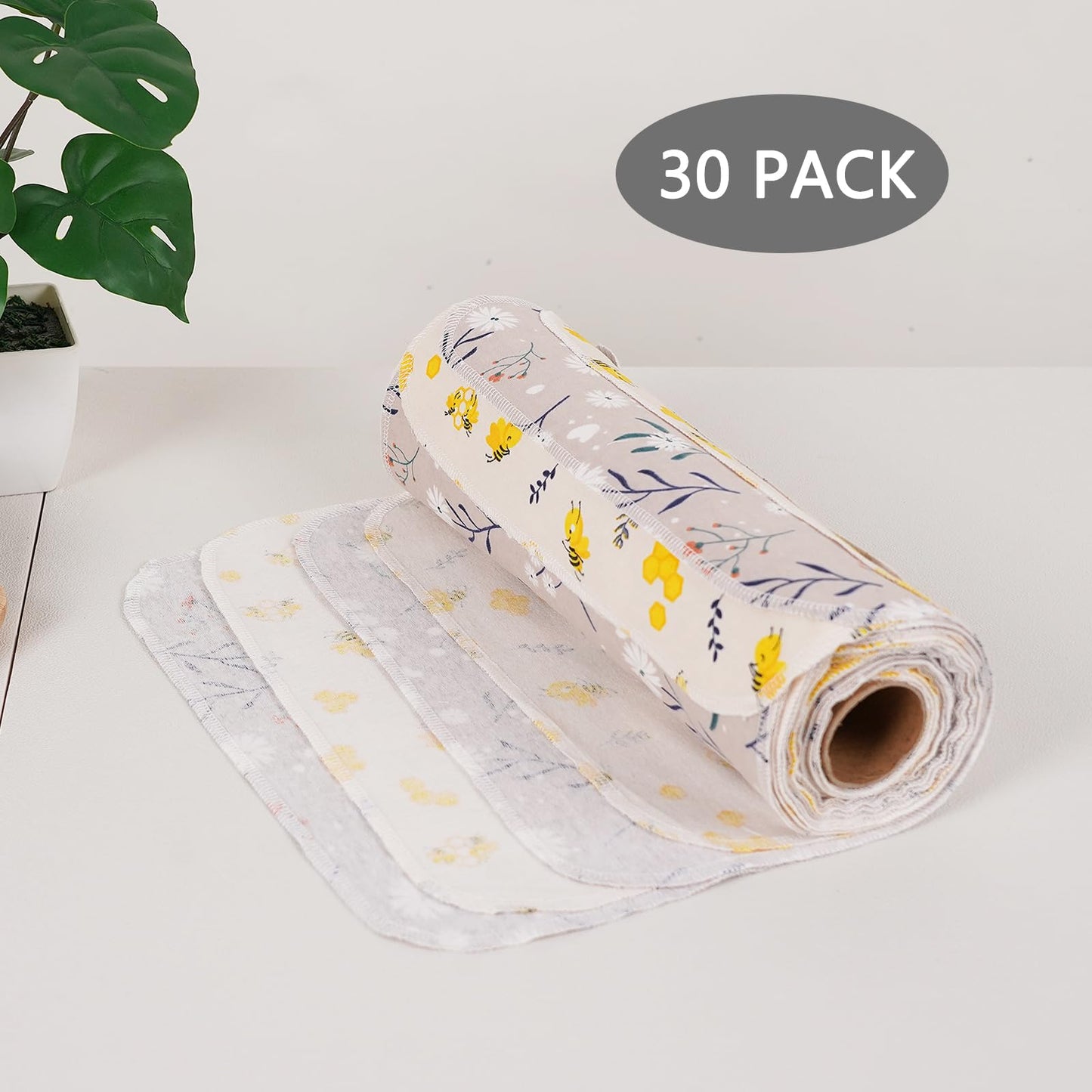 Cagreex Reusable Dishcloths Kitchen Towels Cotton: 30 Packs 10X10 Washable Roll Paperless Paper Towels Absorbent Dishcloths Set Dish Tea Towel for Kitchen Drying (15Bee+15Daisy, 10×10")