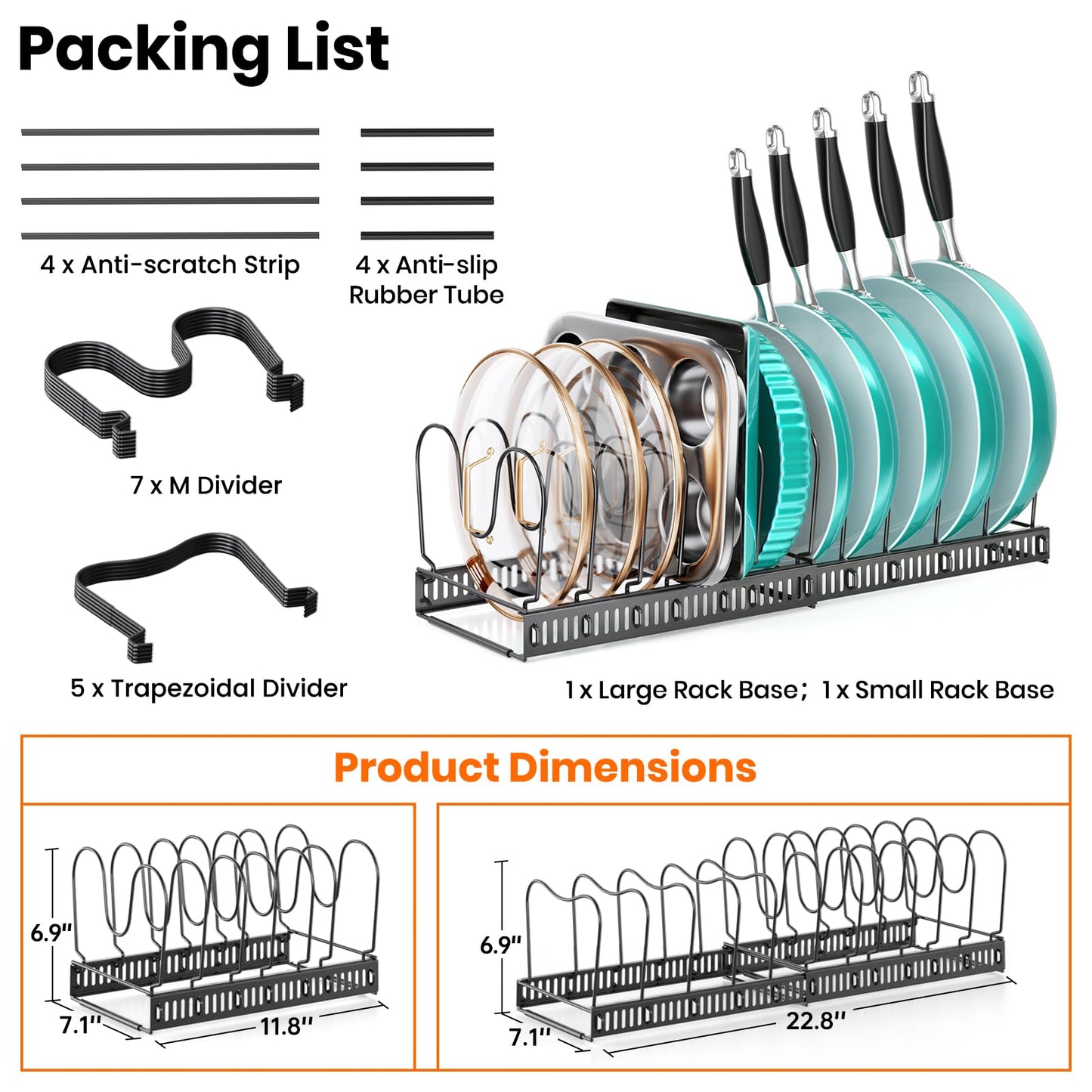 MUDEELA Expandable Pots and Pans Organizer Rack under Cabinet, Pots Lid Organizer Rack for Kitchen Cabinet Organizers and Storage with 12 Adjustable Dividers Cutting Board Holder & Anti-Scratch Strips