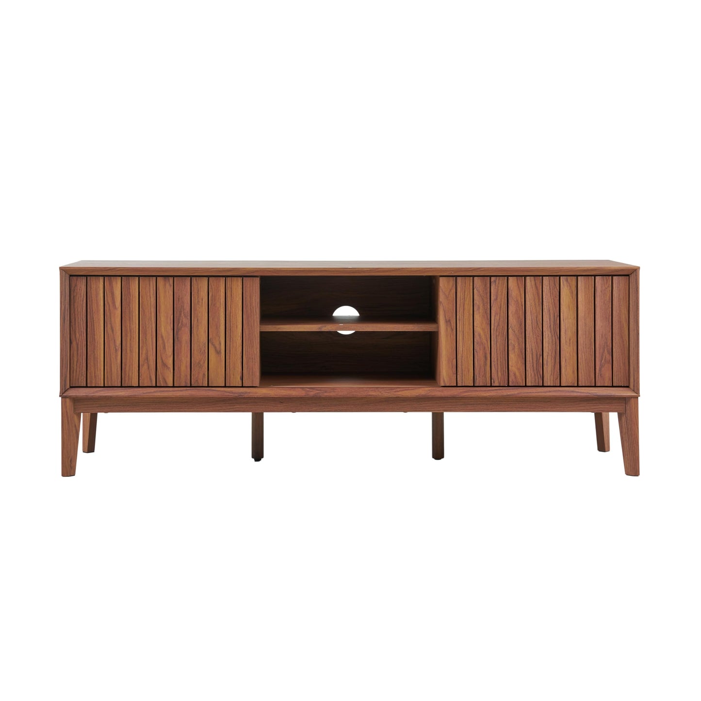 JONATHAN Y Gennaro 58" Mid-Century Wood TV Stand Media Console with Slatted Sliding Doors, Entertainment Center for Living Room with Adjustable Shelves and Cable Management, Walnut TVS1000B
