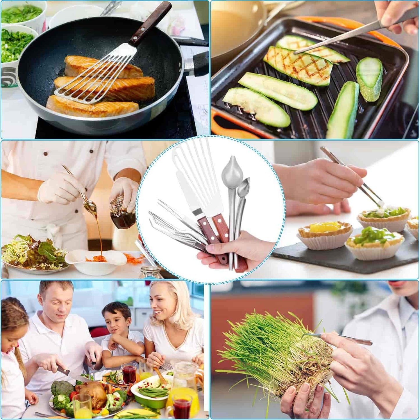 Cridoz 7 Pcs Stainless Steel Kitchen Cooking Plating Tweezers Tongs Drawing Spoons Offset Spatula and Fish Spatula for Food Culinary Plating Decorating