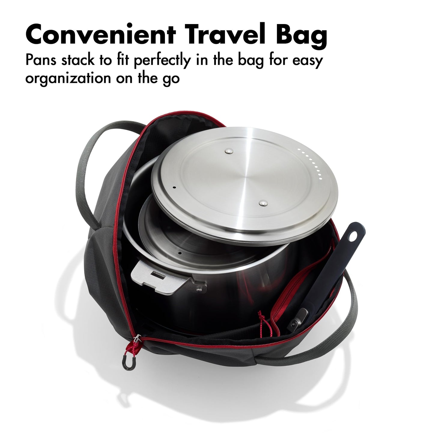 OXO Outdoor 8 Piece Camping Cookware Set, 10" Pre-Seasoned Carbon Steel Frying Pan Skillet, 2.25QT and 5QT Stainless Steel Saucepans with Lids, Removeable Handle, Trivet, Travel Bag, Space-Saving