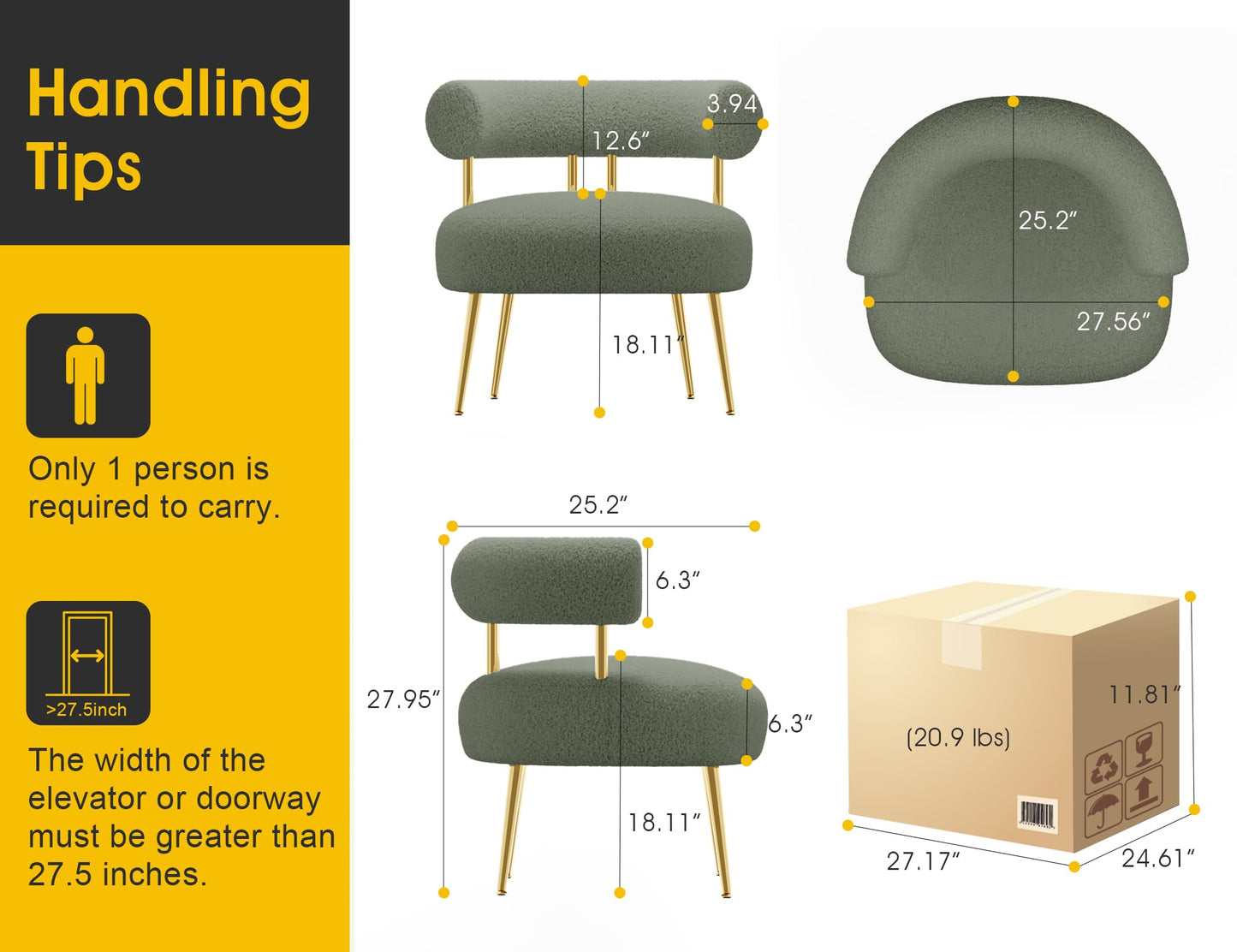 SEYNAR Mid Century Sherpa Boucle Accent Chair, Round Upholstered Barrel Arm Chair for Small Spaces, Fluffy Side Corner Sofa Chair for Living Room, Bedroom, Vanity, Office, Reading Nook(Green)