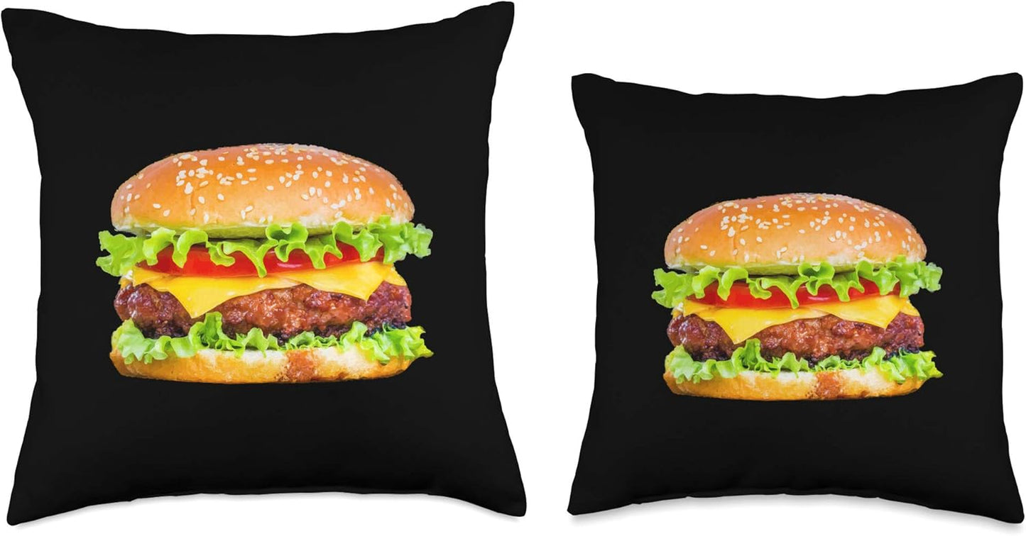 Hamburger Burger Food Day Gift Buns Cheeseburger Grill Black Throw Pillow, 18x18, Multicolor