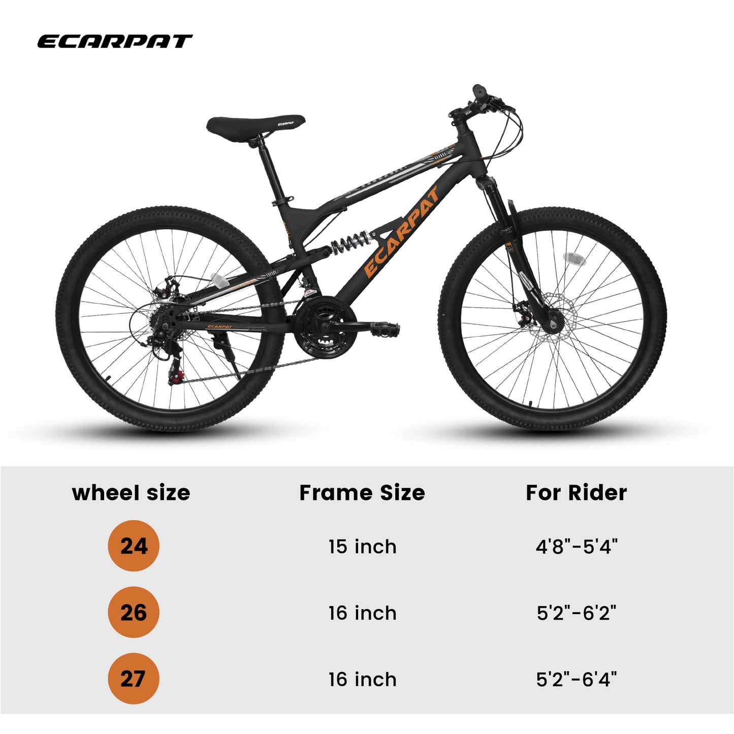 Ecarpat 24 inch Mountain Bike Full Suspension, 21 Speeds Dual Disc Brake Men Boys Bike for 10+ Years, Carbon Steel Frame, Trail Beach Snow Commuter City Bikes, Birthday Gift Choice