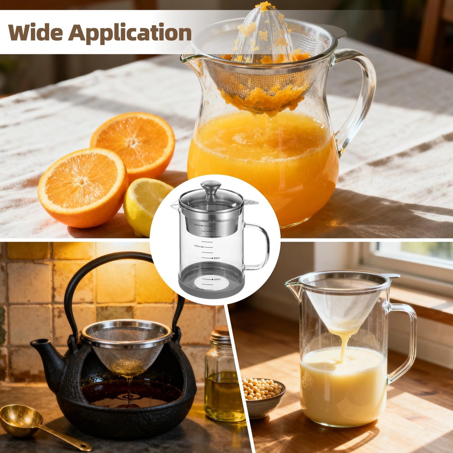 Greek Yogurt Strainer, 50 oz Nut Milk Strainer, Juice Food Strainer, Glass Teapot with Mesh Strainer, Iced Tea Pitcher, 1500 ml Heat & Cold Resistant High Borosilicate Glass Jug with Handle and Lid