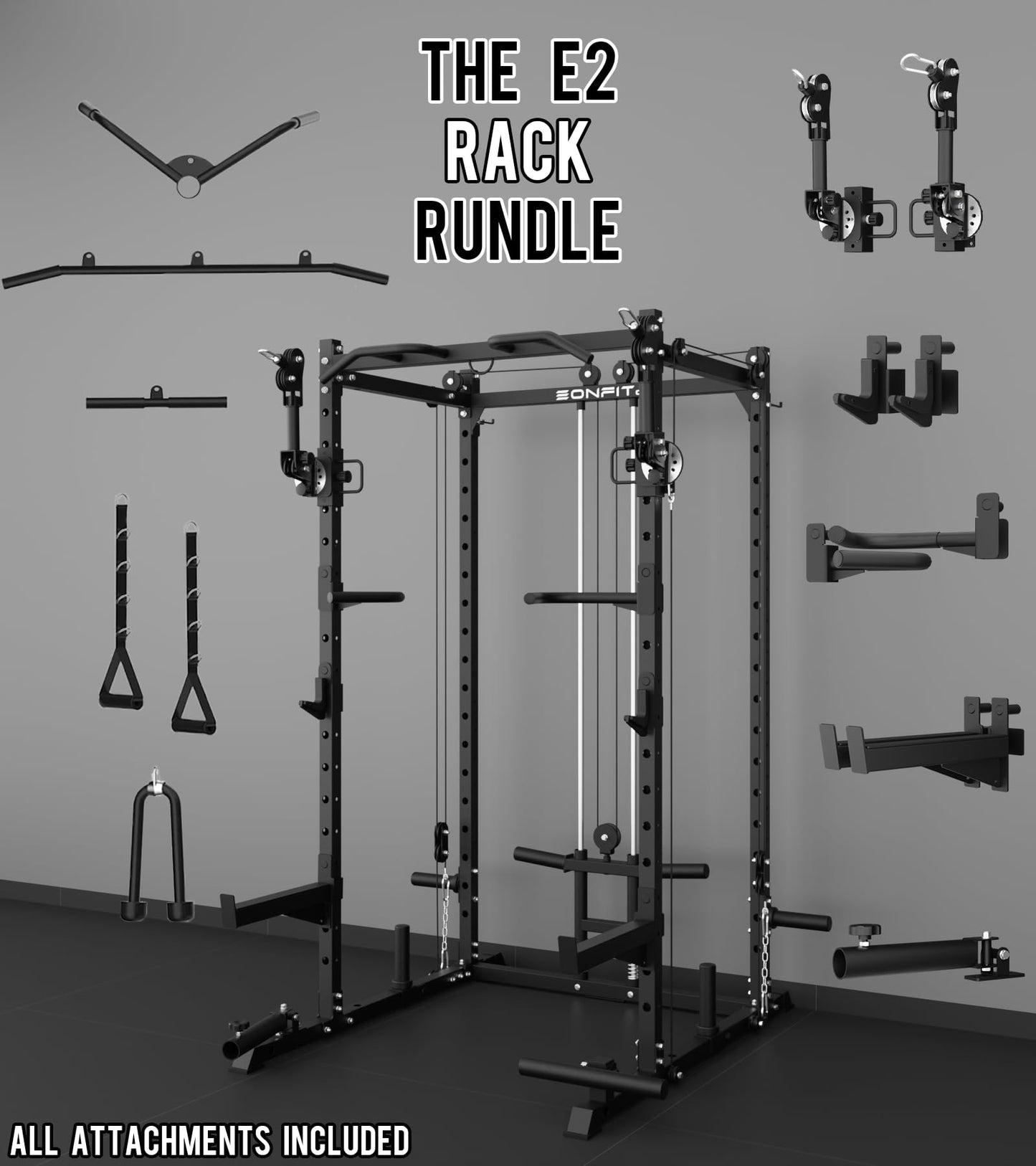 Eonfit E2 Power Cage - Multi-Functional Power Rack for Home Gym. 1500lb Squat Rack for Home Gym. Pulley System for Cable Crossover & LAT Pulldown (Black, PRO)