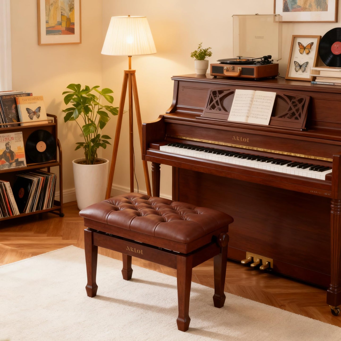 AKLOT Hydraulic Piano Bench, Keyboard Bench with Padded Cushion, Ajustbale Heavy Duty Piano Seat with High-Density Sponge, Piano Stool 23.22"X 15.75" Solid Wooden Piano Chair for Pianist(Walnut
