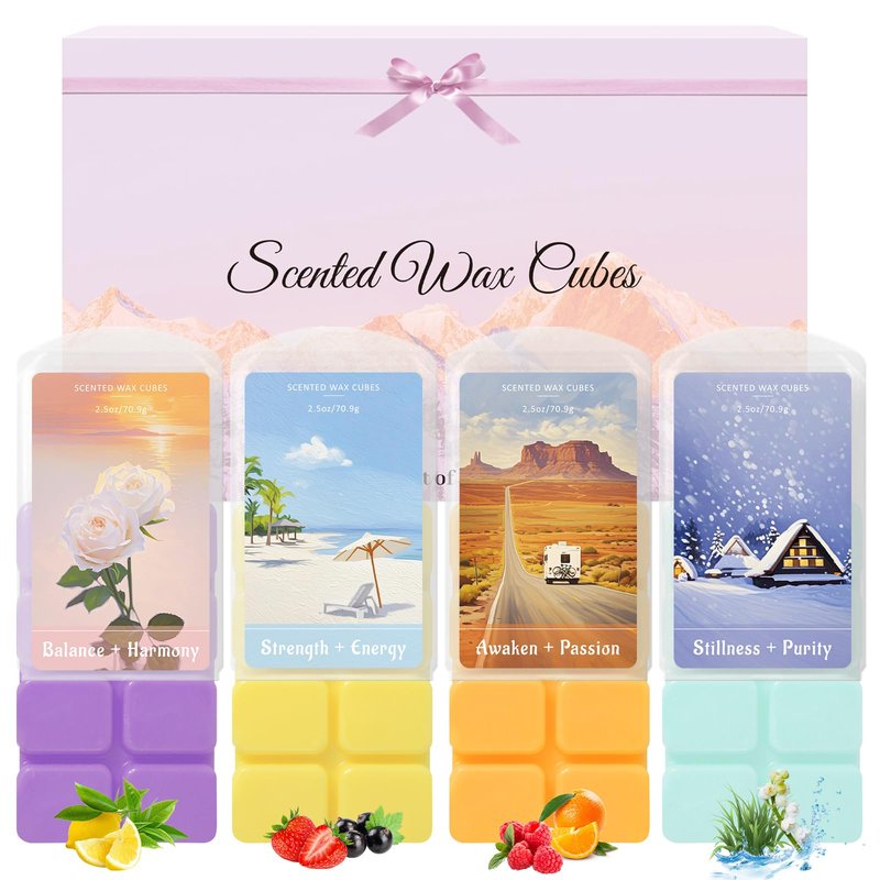 SCENTORINI Wax Melts, Wax Cubes Strong Scent for Healing Relax, Scented Wax Melts for Warmer - Lemon Green Tea/Strawberry Blackcurrant/Raspberry Orange/Ocean Grass Bellflower, 2.5 oz 4-Pack