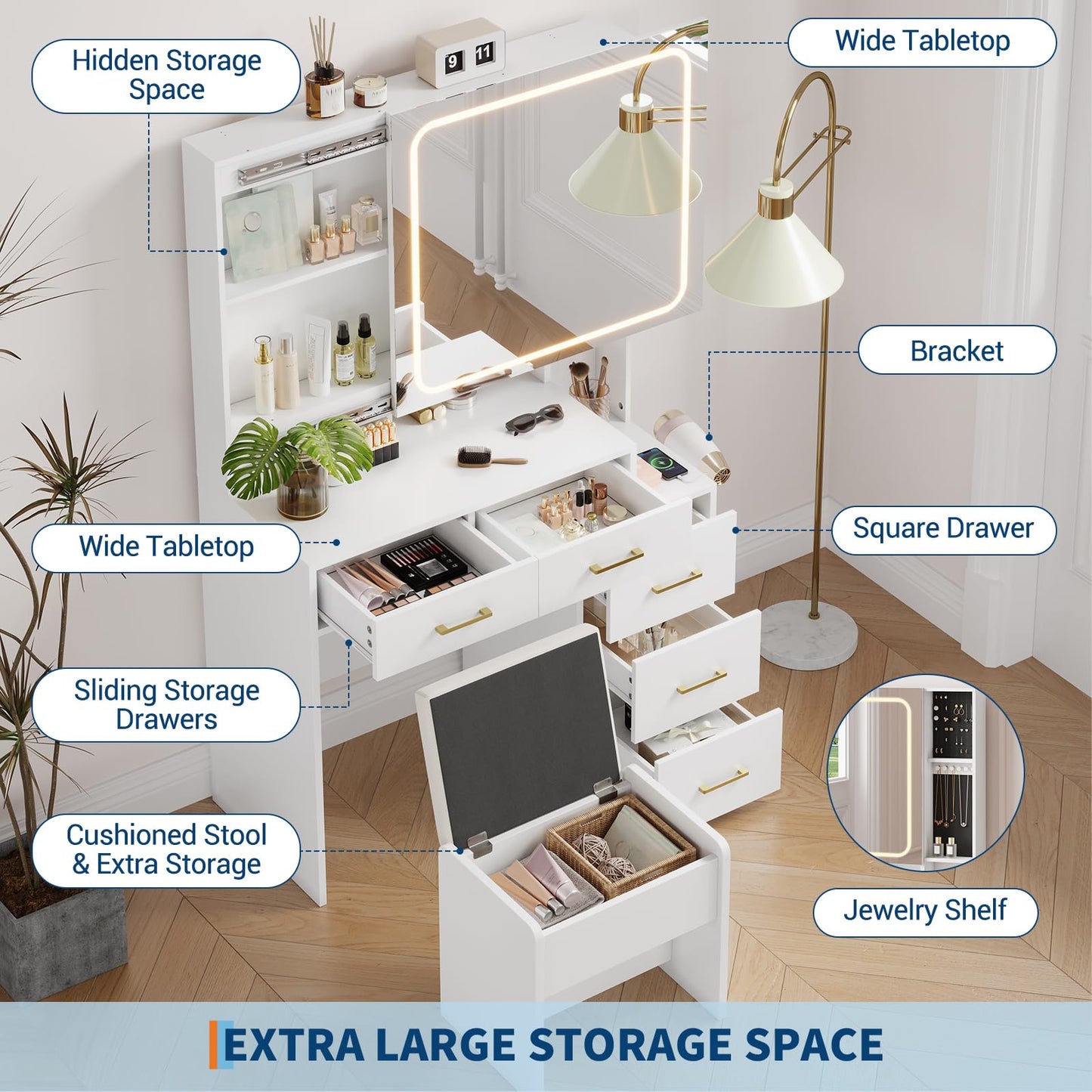 IDEALHOUSE Vanity Desk with Mirror and Lights, Makeup Vanity Set with Drawers & Chair, 3 Light Mode and Brightness Adjusted & Power Outlet, Dressing Table with Hairdryer Holder for Bedroom