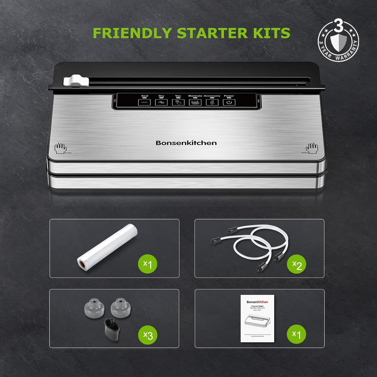 Bonsenkitchen Vacuum Sealer Machine, Powerful Food Sealer with 5 Modes, Built-in Cutter & Bag Storage, Stainless Steel