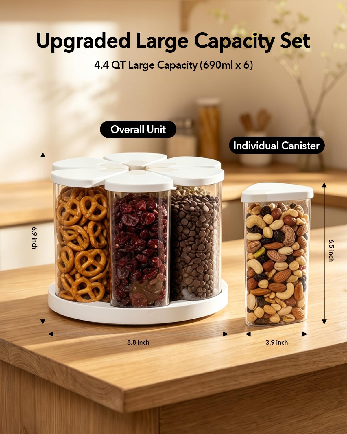 Ankou Rotating Food Storage Containers Set of 6, 23oz (690ml) Clear PET Jars with Dual Pour Lids, 360° Lazy Susan Pantry Organizer for Snacks, Cereal, Nuts, Oats & Dry Foods, Kitchen Grain Dispenser