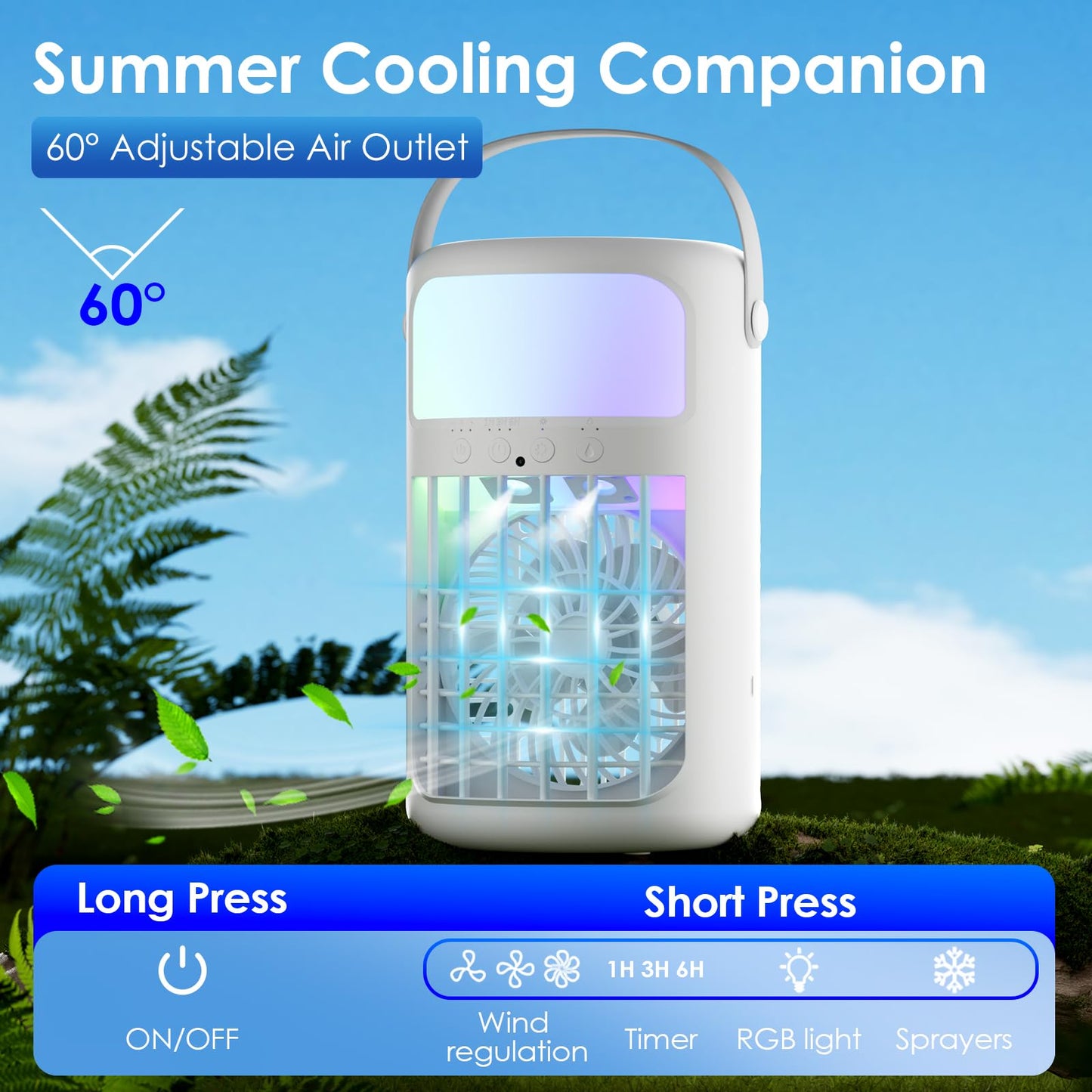 Portable Air Conditioners,air conditioner, 3-Speed Fan, 2-Speed Cold Fog,4 in 1 Humidifier, Air Conditioner,Fan,2 Atomising Nozzle, 7-Colour Led Light, Large Capacity 1500ml,Remote Control