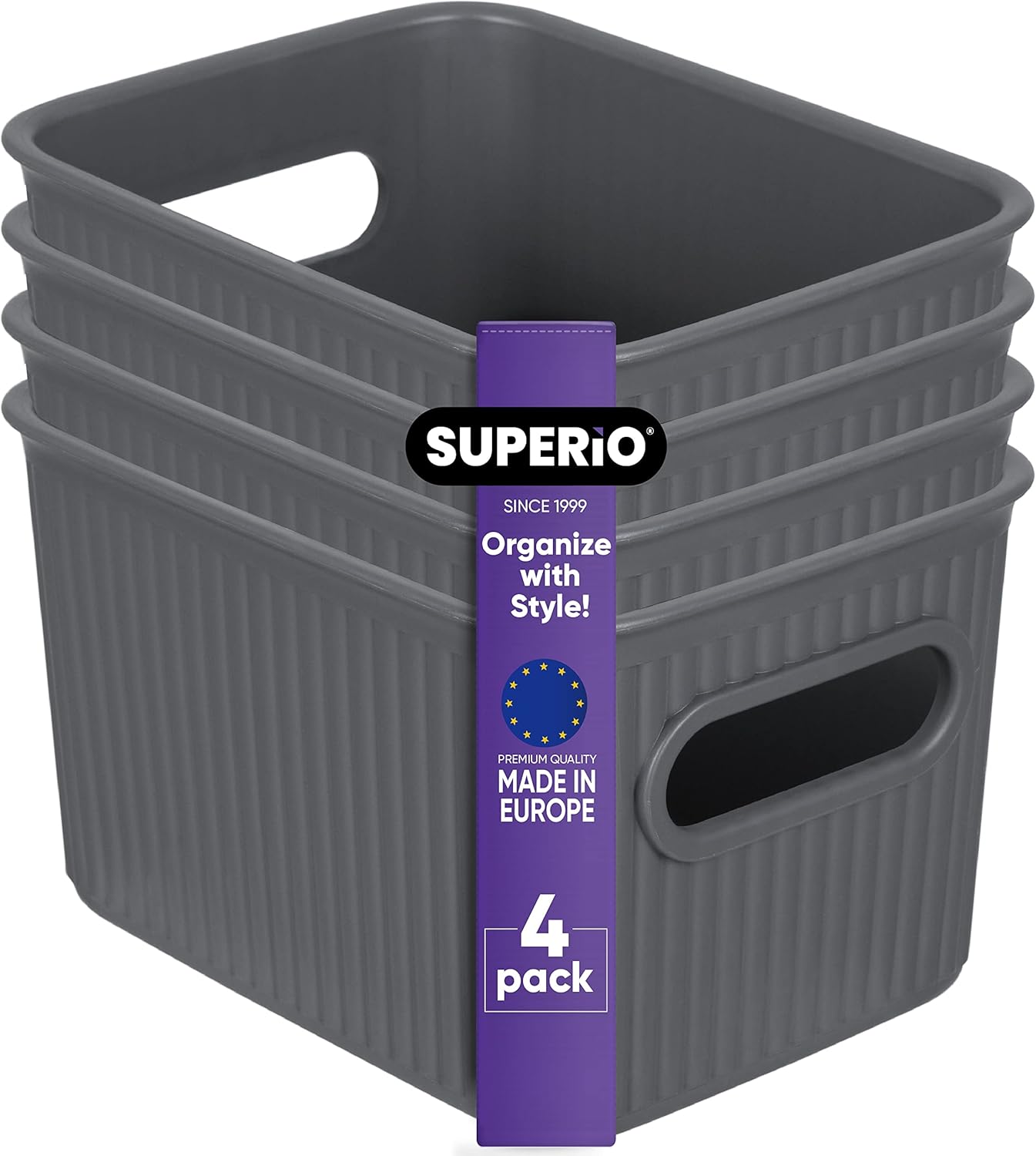 Superio Ribbed Collection, Decorative Plastic Open Home Storage Bins, Small Grey, 4 Pack