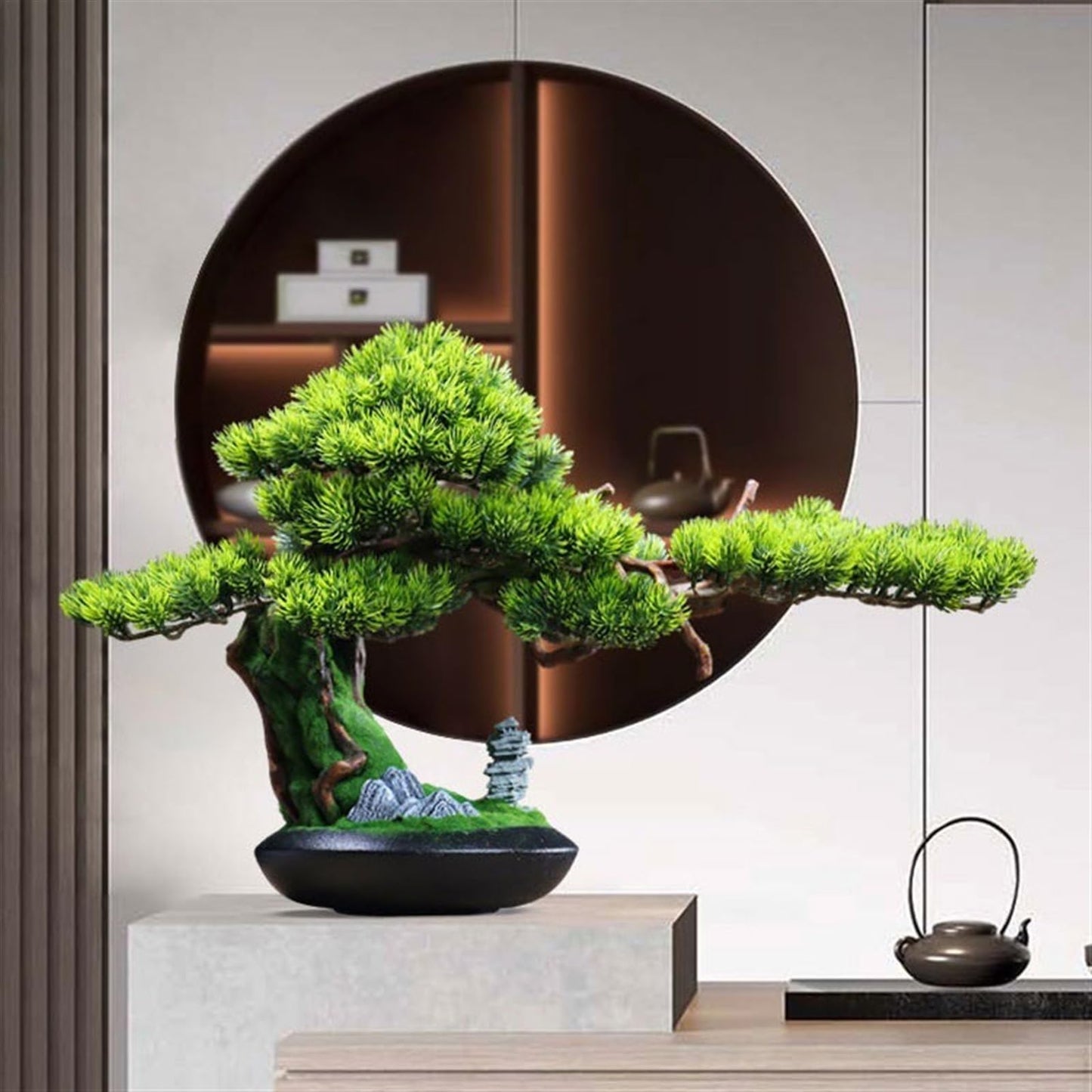 GRFIT Bonsai Artificial Tree Ornaments Simulation Luxury Light China, Entryway Cabinet Decorations, Office Landscaping, Hotel, Carving Wood Root Artificial Tree Plant